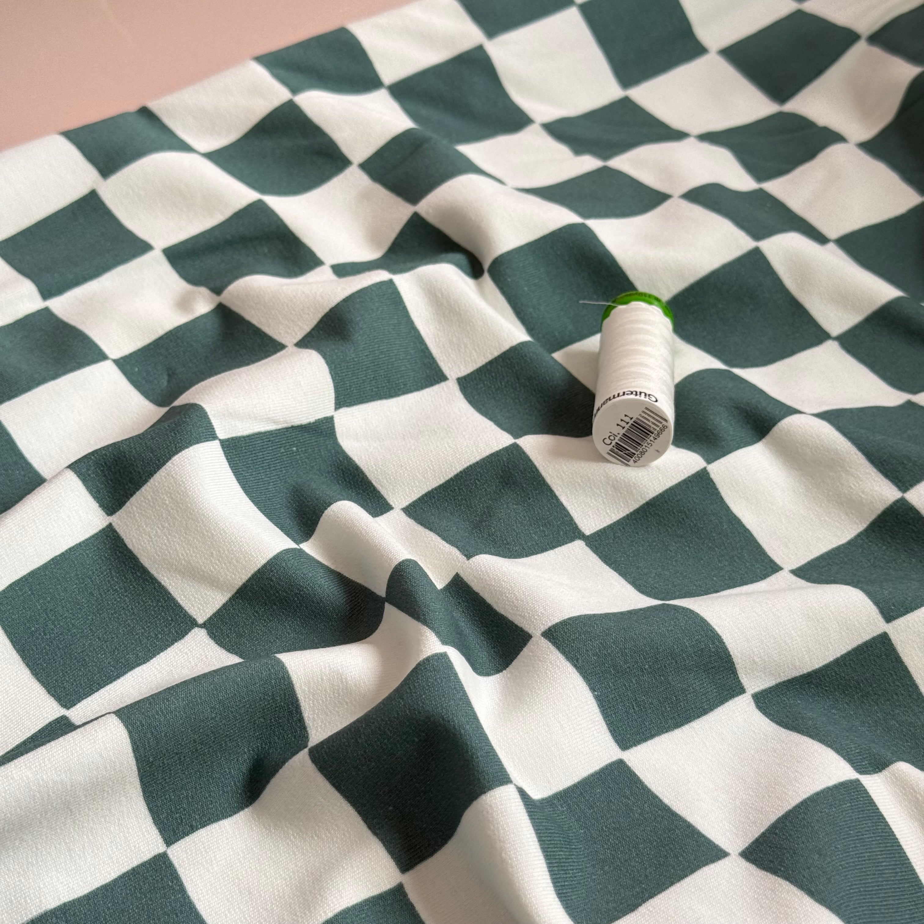 Checkers Dark Green GOTS Organic Cotton French Terry