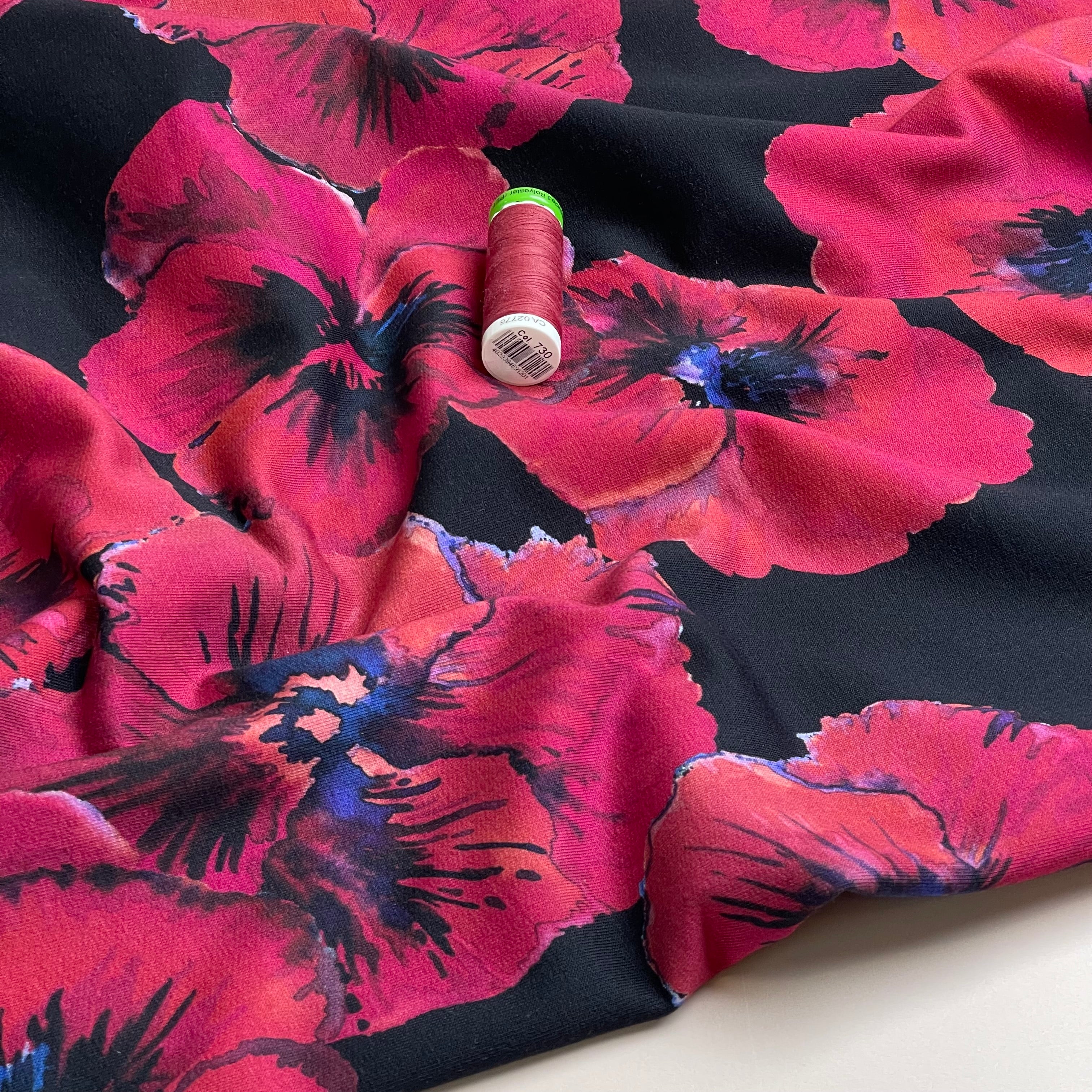 Poppies on Black Cotton French Terry Fabric