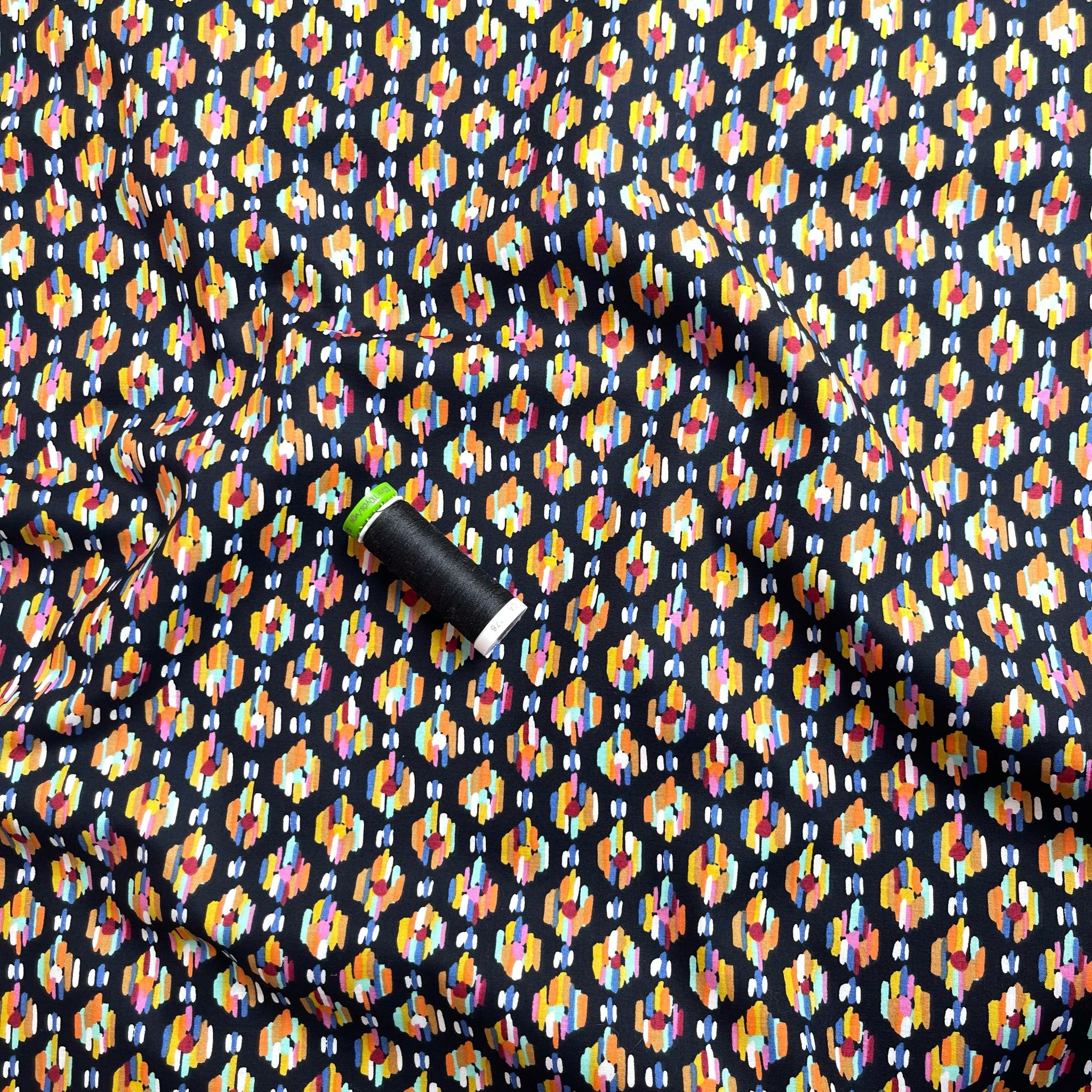 Rainbow Strokes on Black Cotton Lawn Fabric