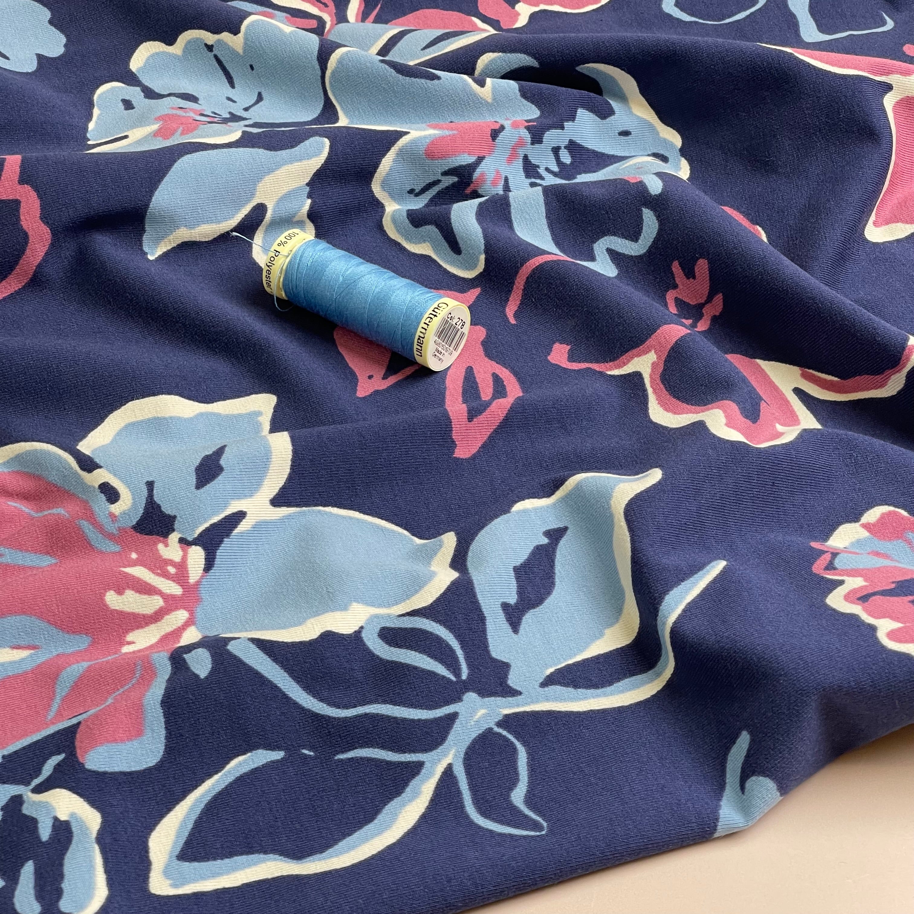 Painted Large Flowers on Navy Cotton Jersey Fabric