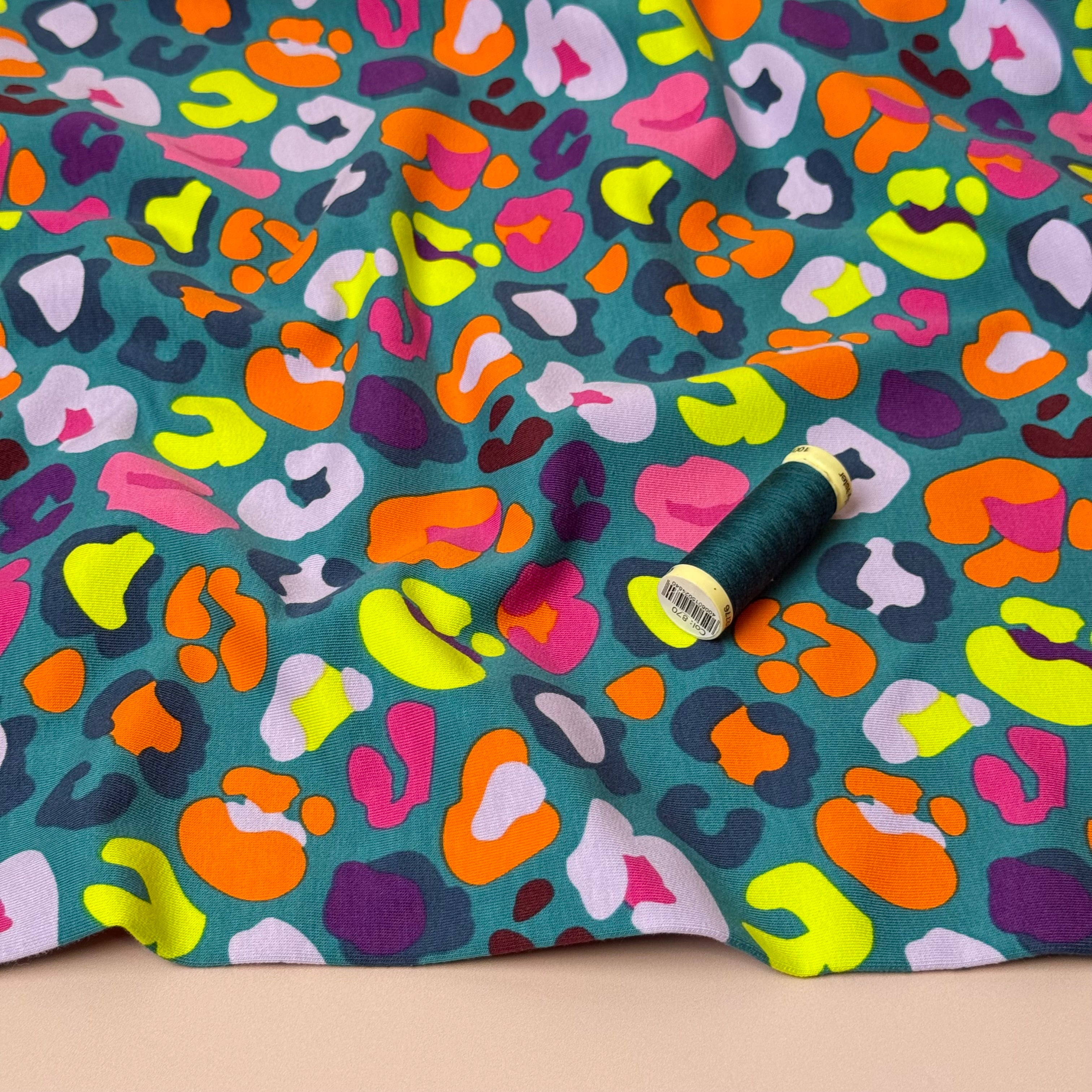 Rainbow Leopard on Teal Cotton French Terry