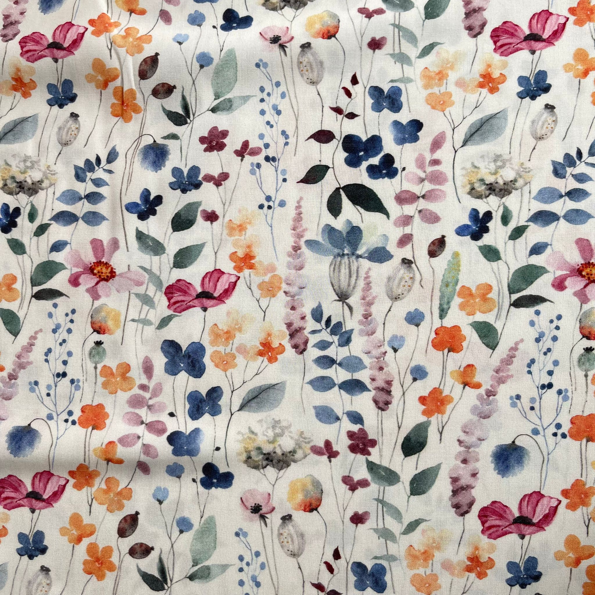 Delicate Watercolour Wildflowers on Off-White Viscose Fabric