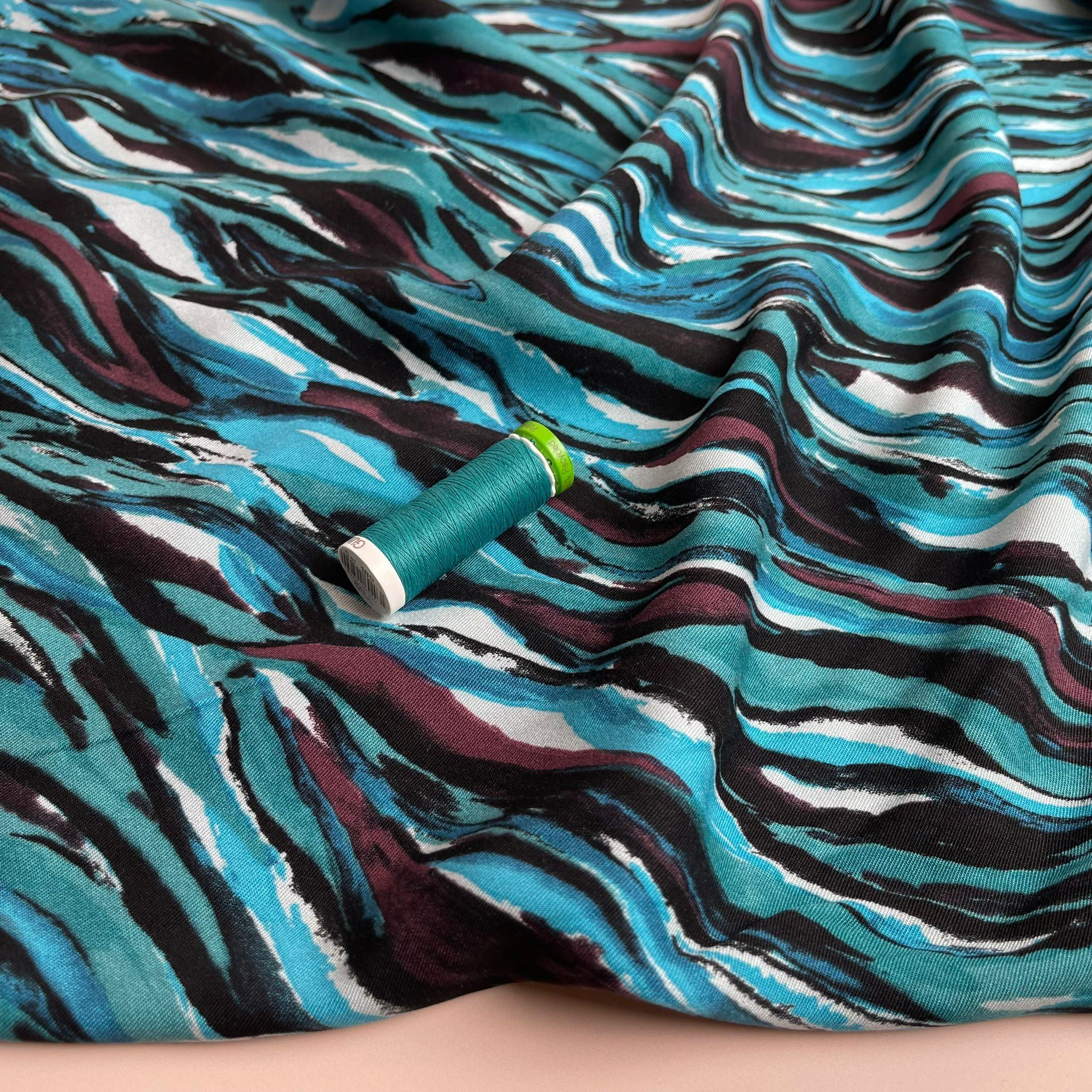 REMNANT 0.74 Metre - Waves in Petrol Viscose Twill Fabric