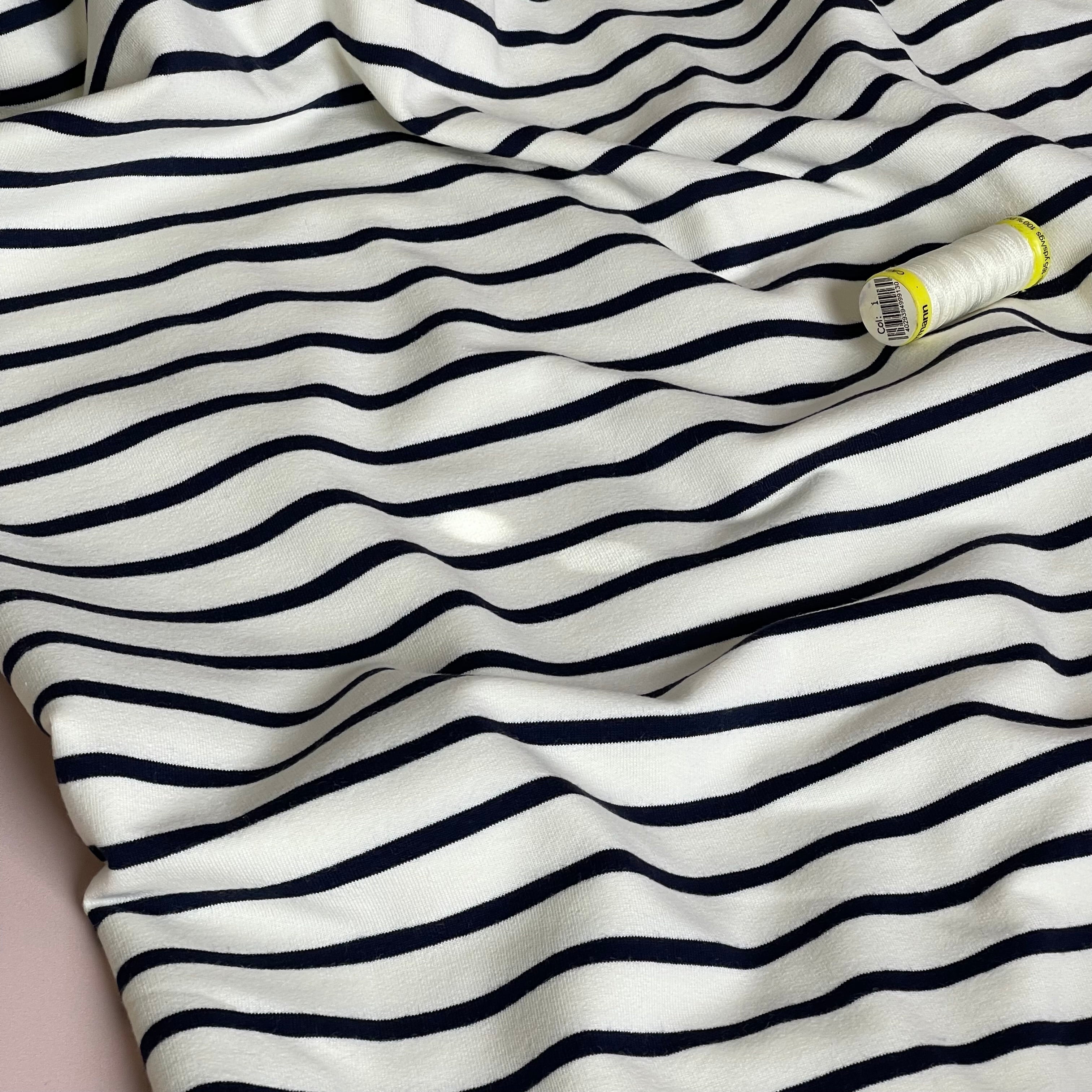 Yarn Dyed Navy Stripes on Ecru Cotton French Terry