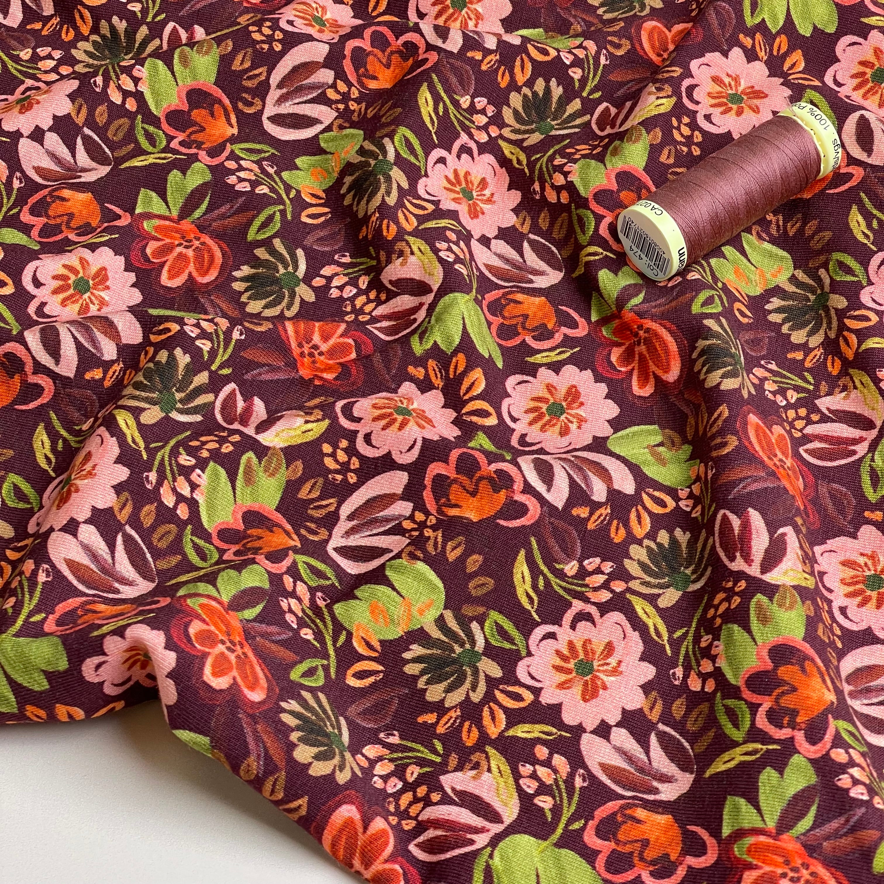 Autumn Flowers Burgundy Cotton Jersey Fabric