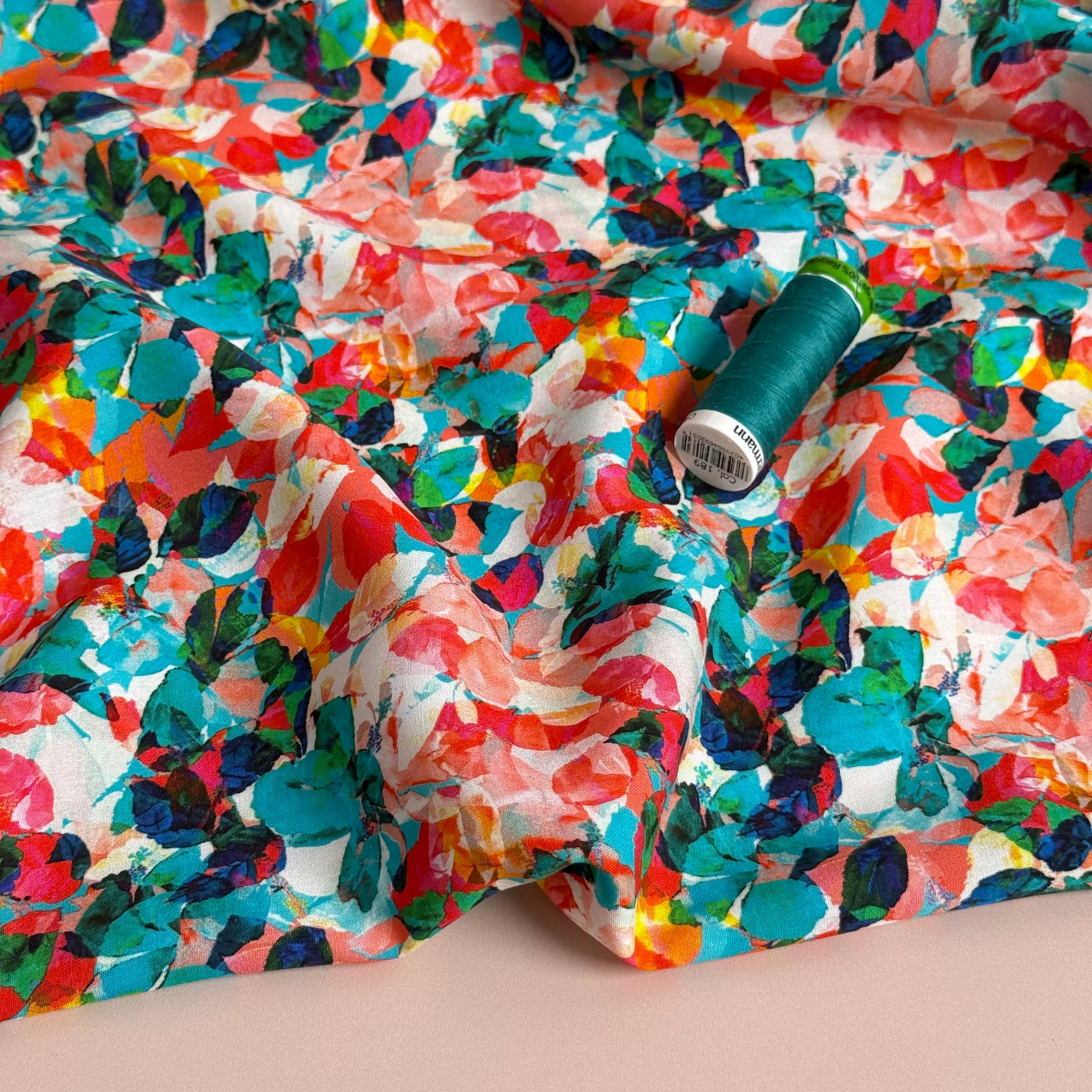 Teal Foliage Viscose Poplin Fabric