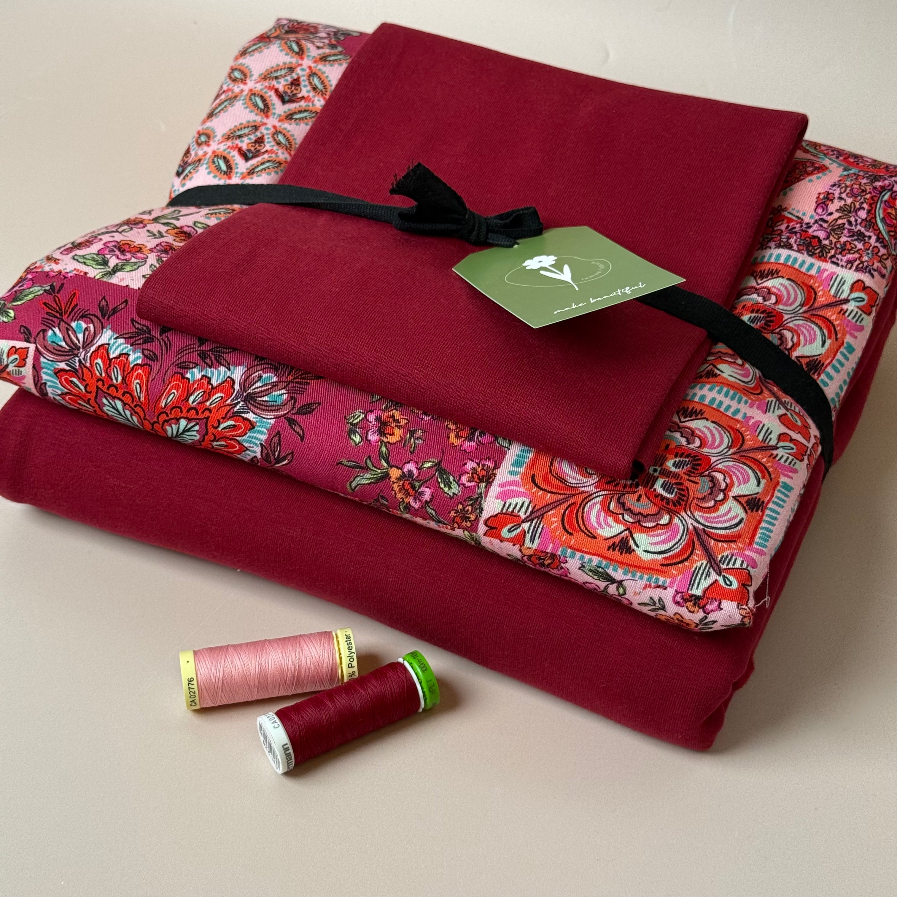 Make an Outfit Colour Bundle - Vintage Patchwork Viscose Twill in Berry & Sweatshirting with ribbing