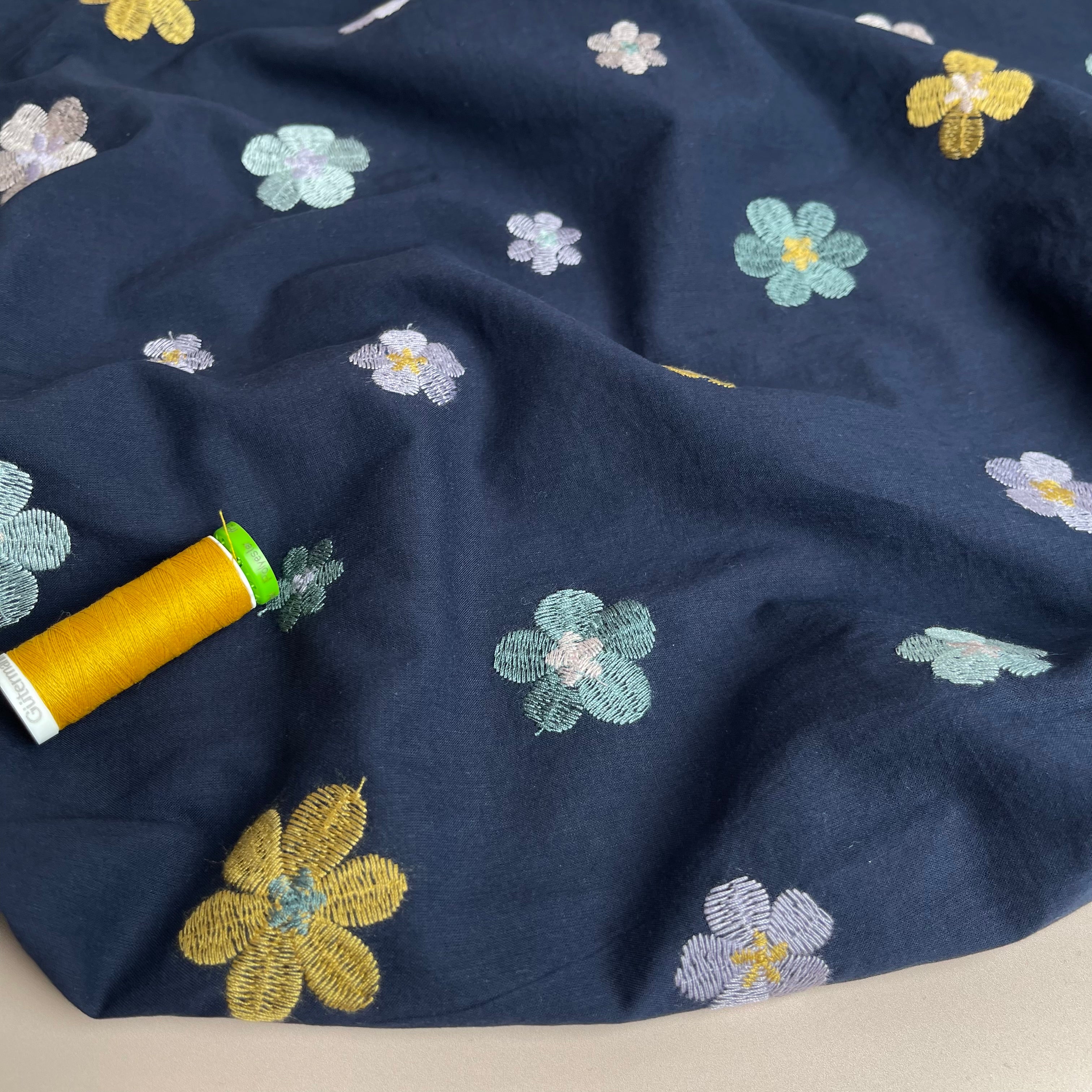 Embroidered Flowers on Navy Cotton Voile Fabric