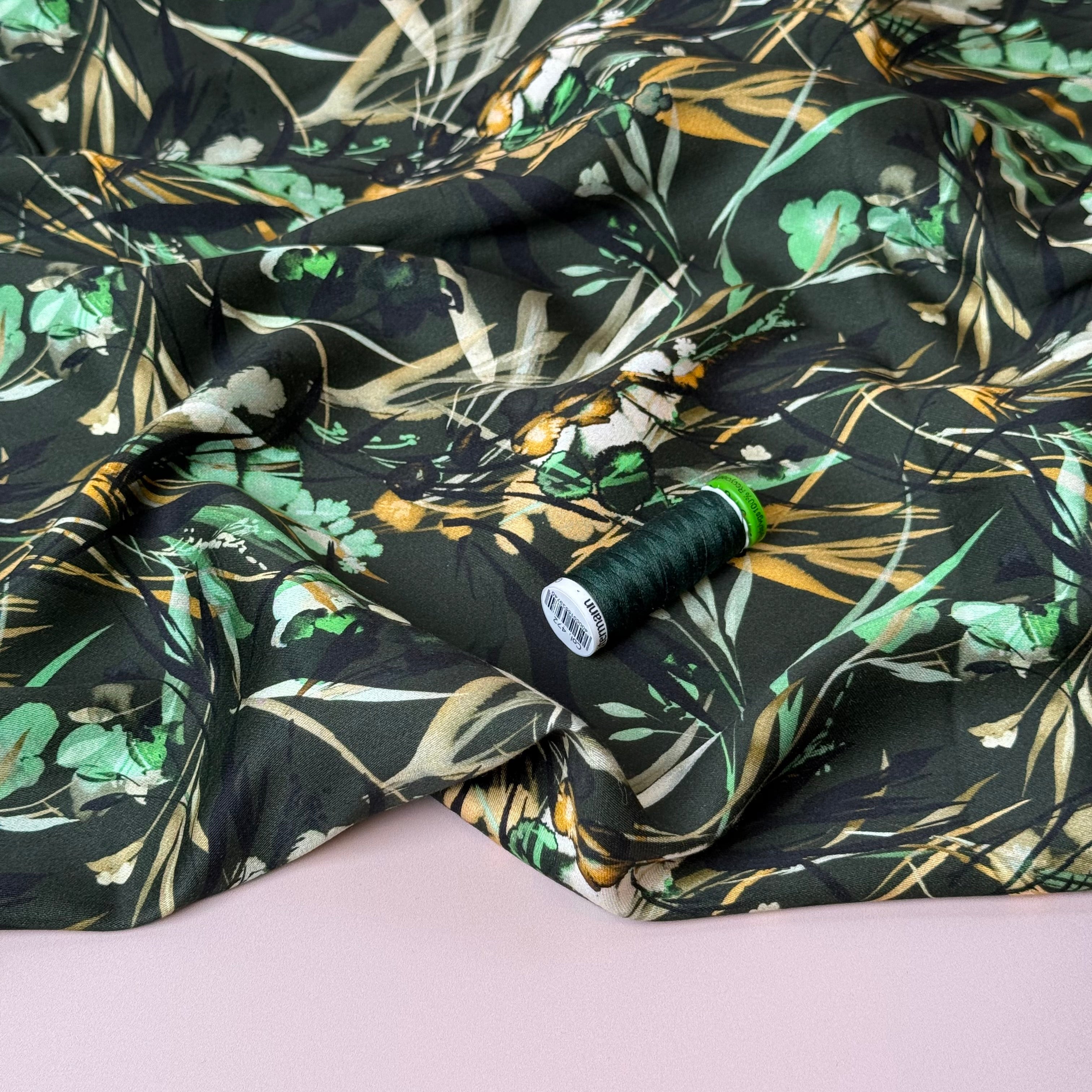 REMNANT 1.88 Metres - Autumn Foliage Dark Green Viscose Sateen Fabric