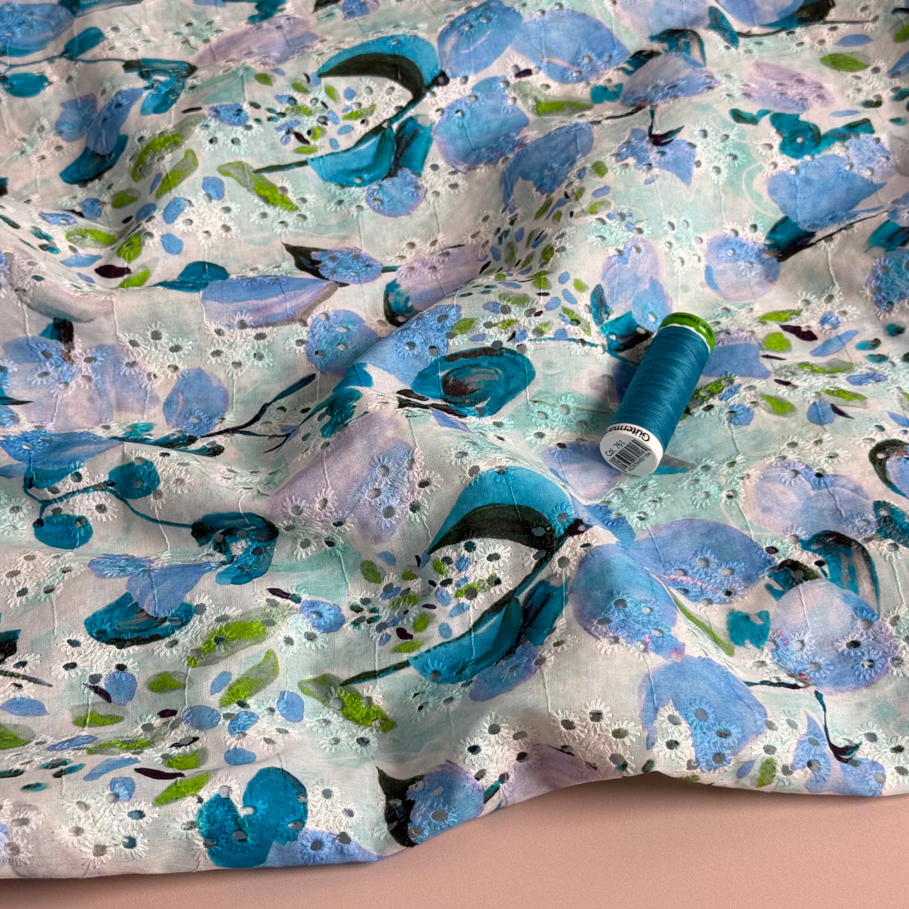 Blue Flowers on Embroidered White Cotton Voile Fabric