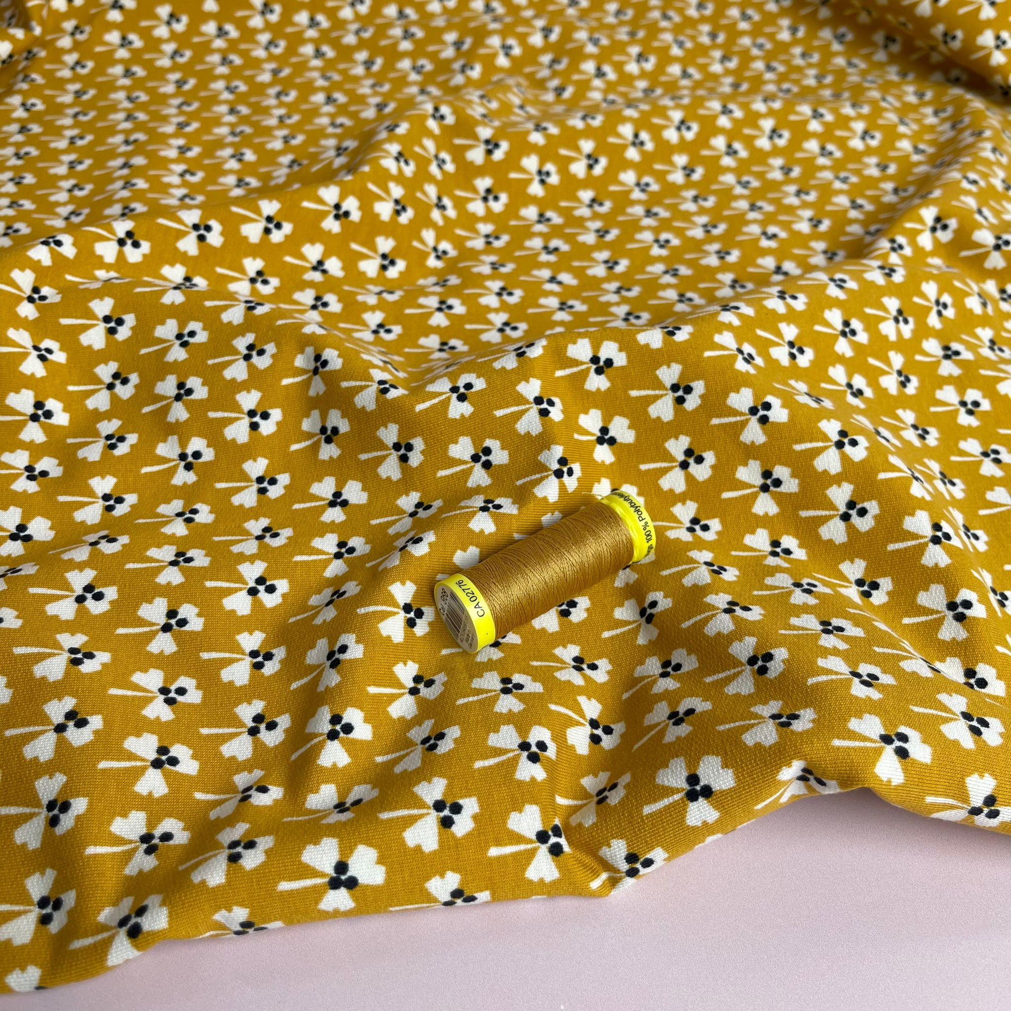 Monochrome Clovers on Yellow Cotton French Terry