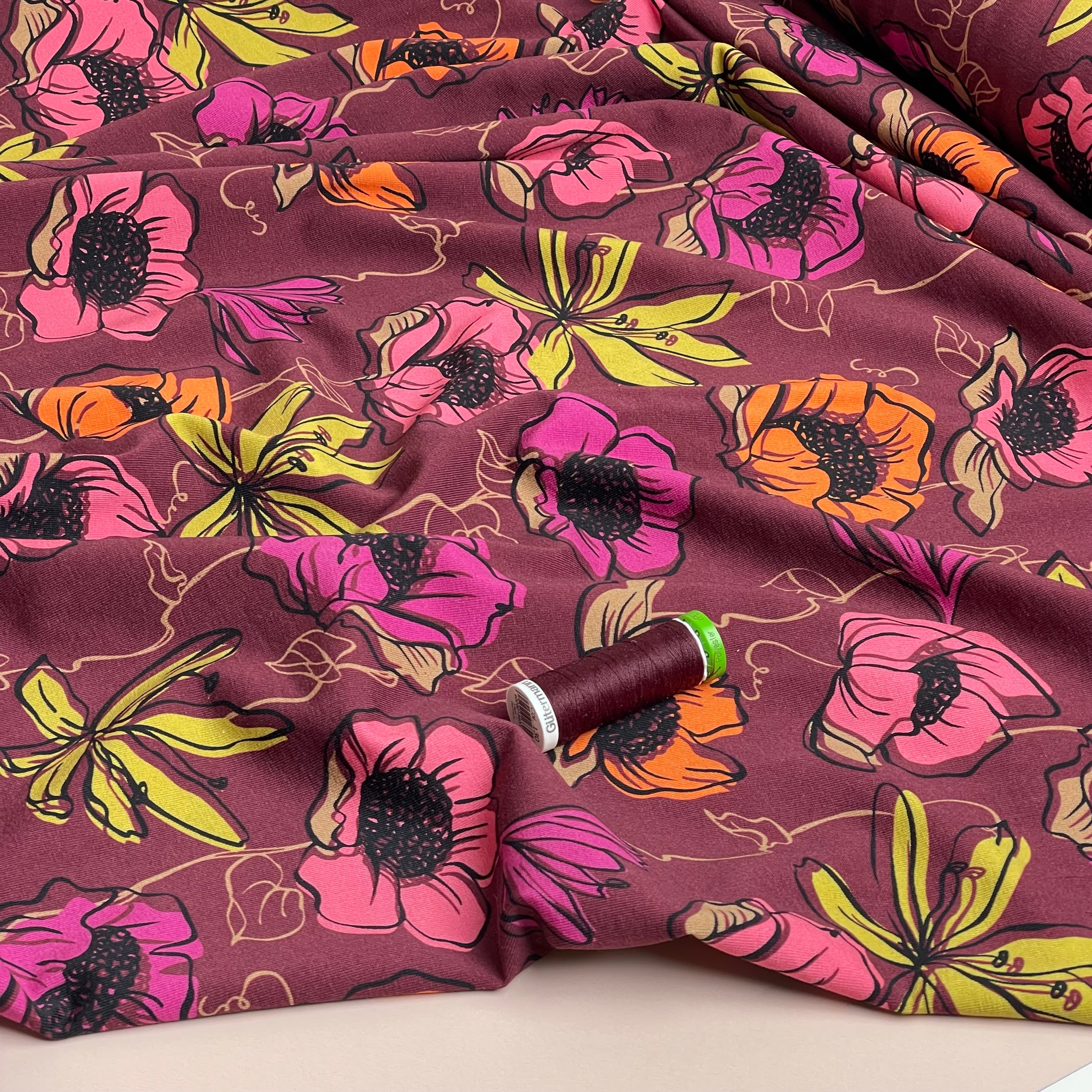 Danish Design - Autumn Blooms on Burgundy Cotton Jersey