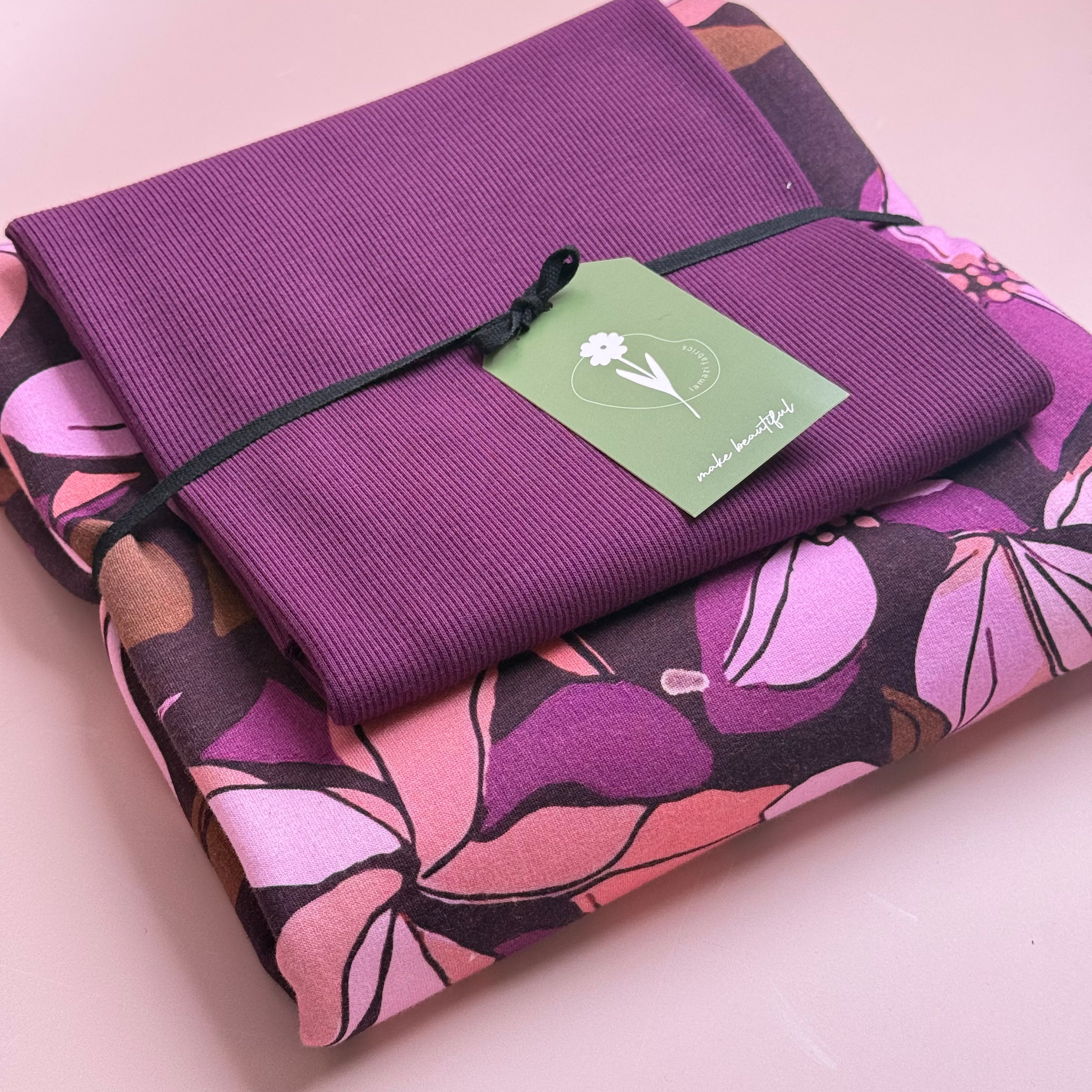 Colour Bundles - Lilies Bordeaux Cotton Sweatshirting & Matching Ribbing