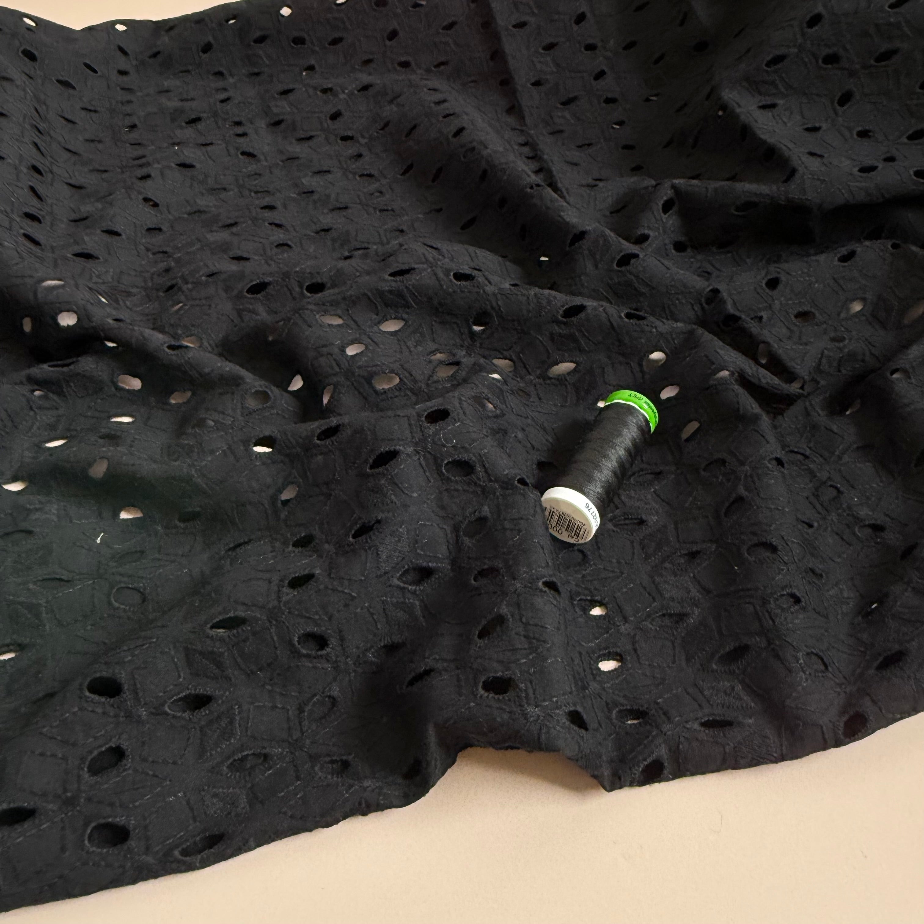 Ex-Designer Deadstock - Star Flowers on Black Broderie Analgise Cotton Fabric