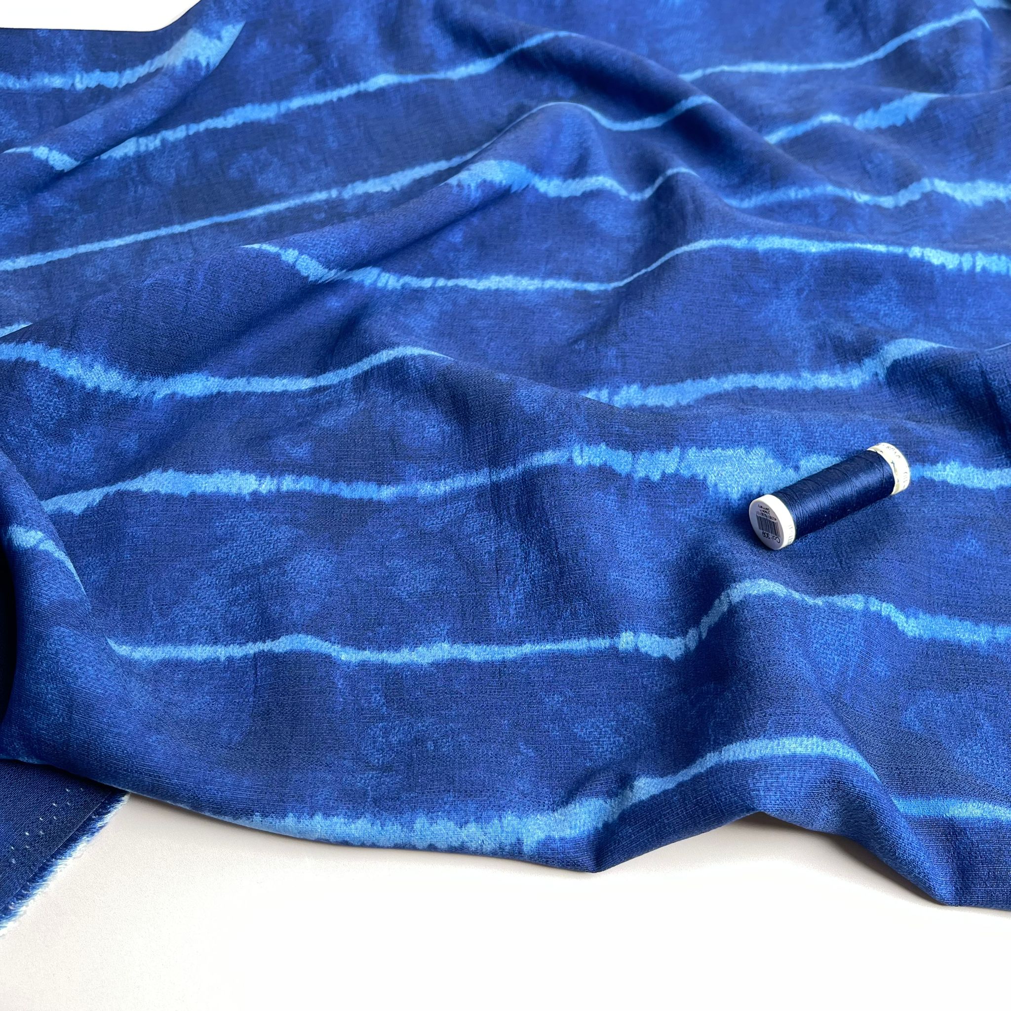 Tie Dye Stripes on Indigo Blue Textured Viscose Fabric