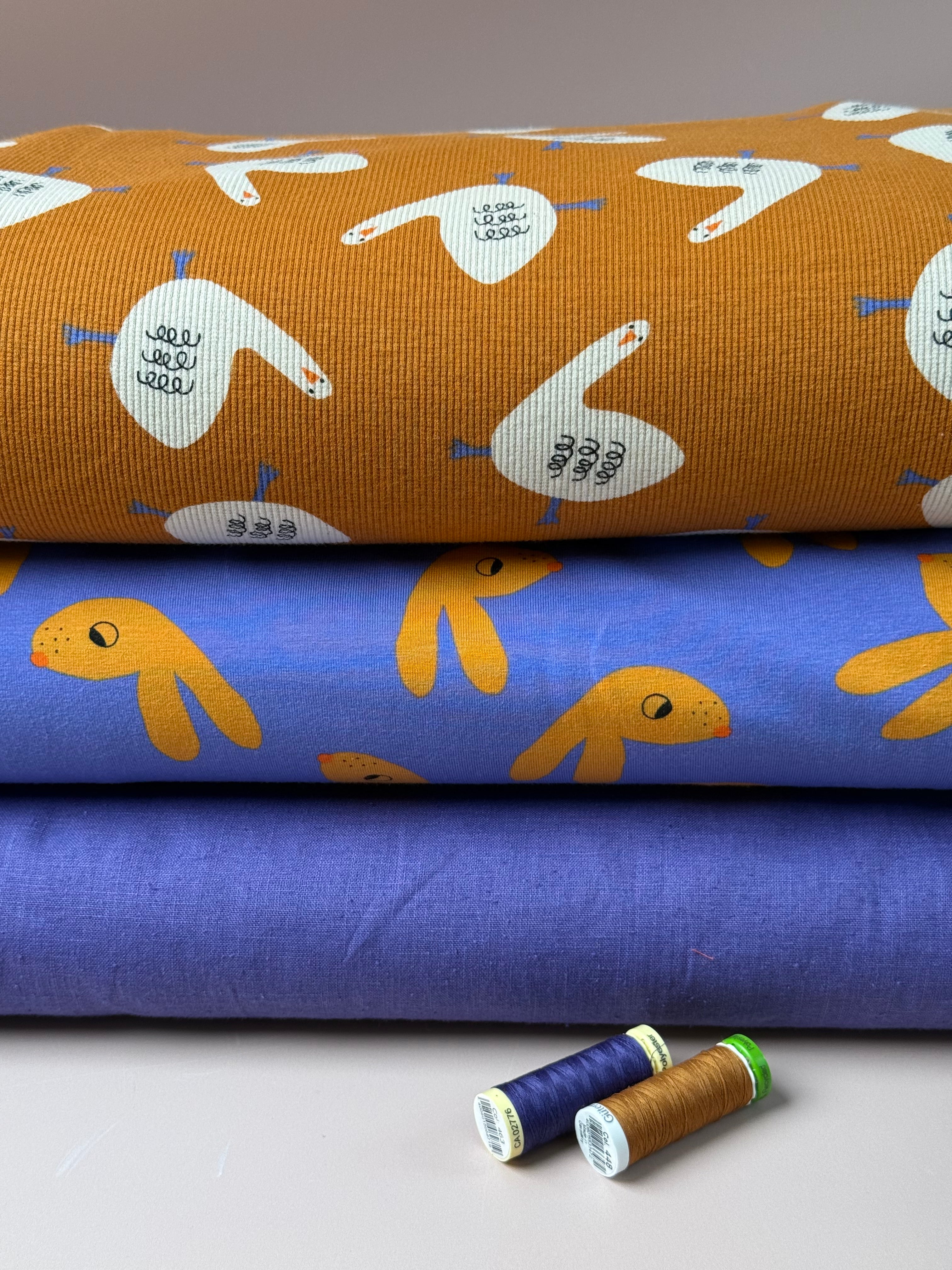 Geese on Ochre Organic GOTS Cotton Ribbed Jersey