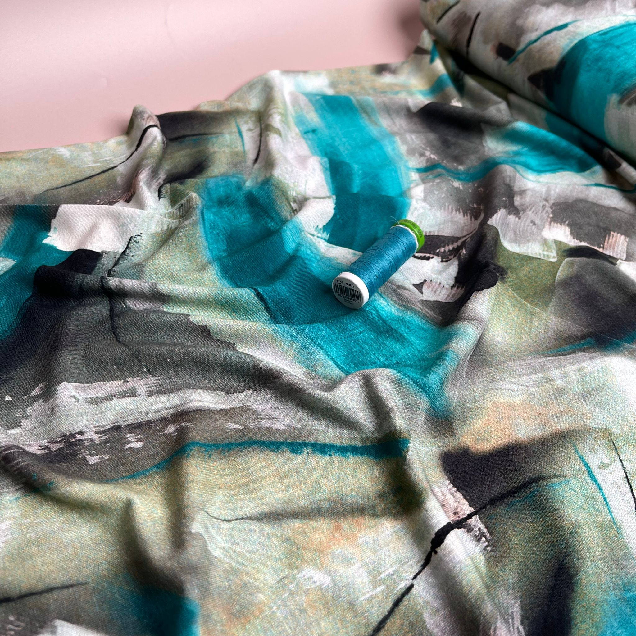 Abstract Painting in Turquoise and Olive Viscose Jersey Fabric