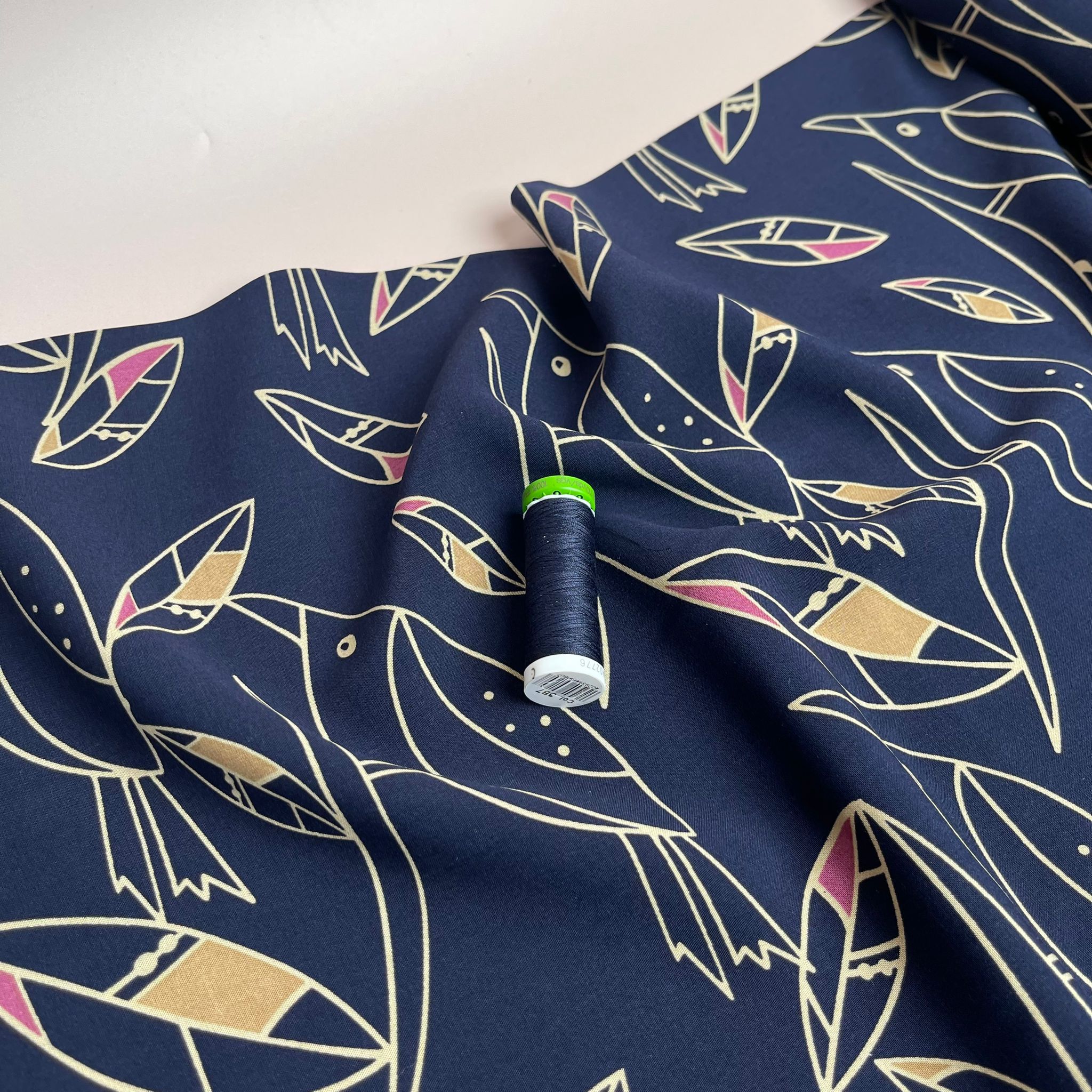 REMNANT 2 Metres - Graphic Birds Pink on Navy Viscose Poplin Fabric