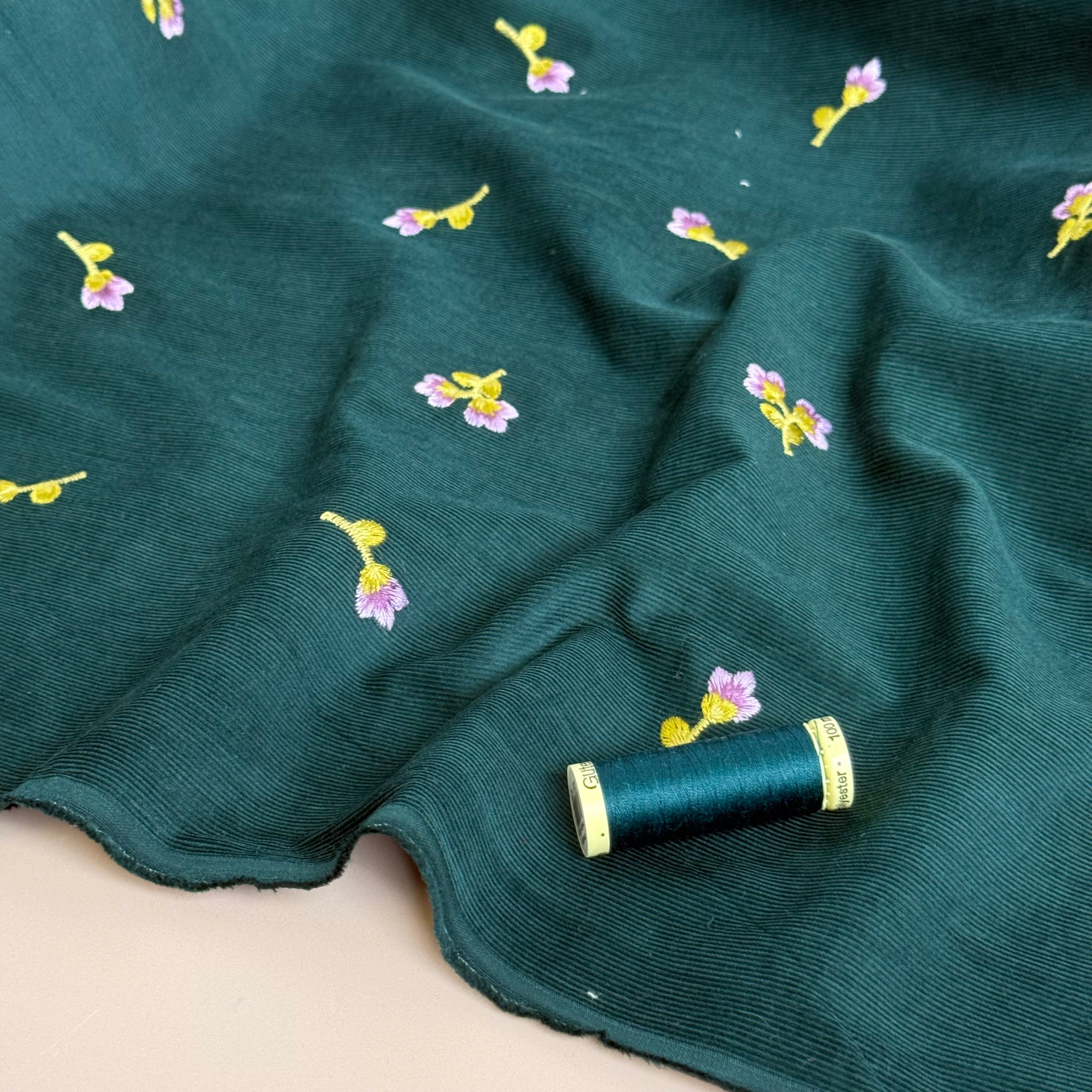 Embroidered Flowers on Teal Cotton Needlecord