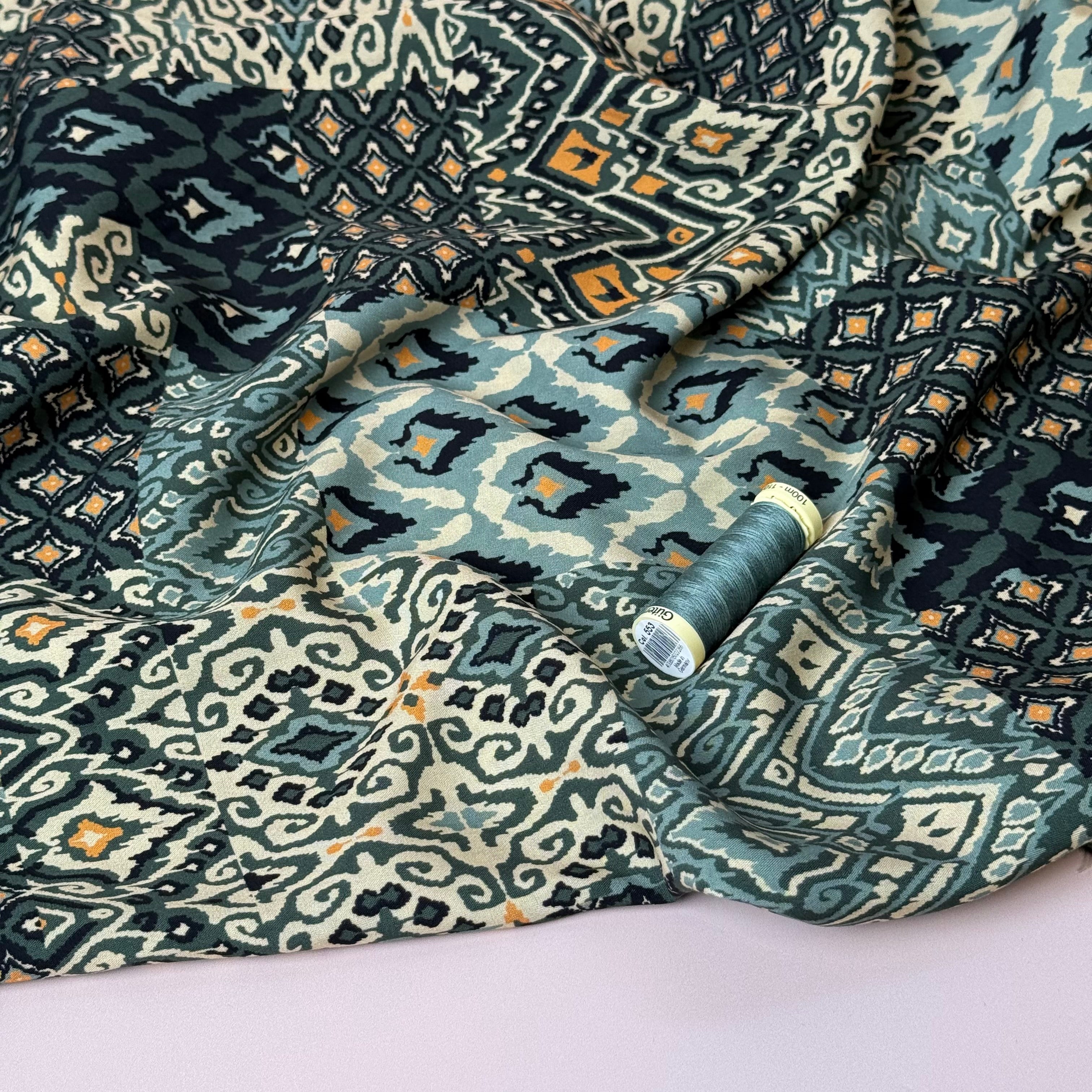 REMNANT 0.57 Metre - Vintage Patchwork Green Viscose Poplin Fabric