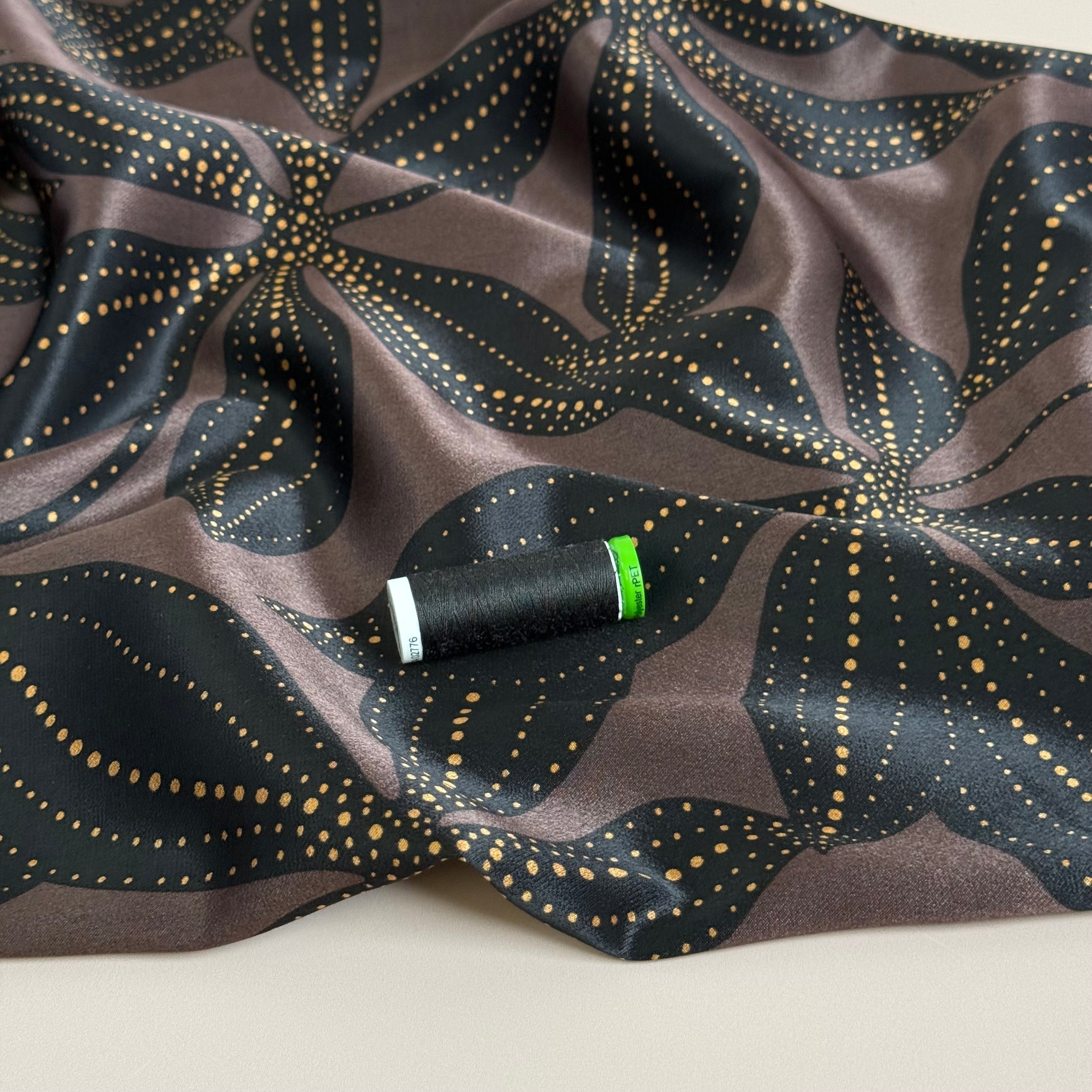 Spoty Flower on Dark Brown Spun Viscose Sateen Fabric