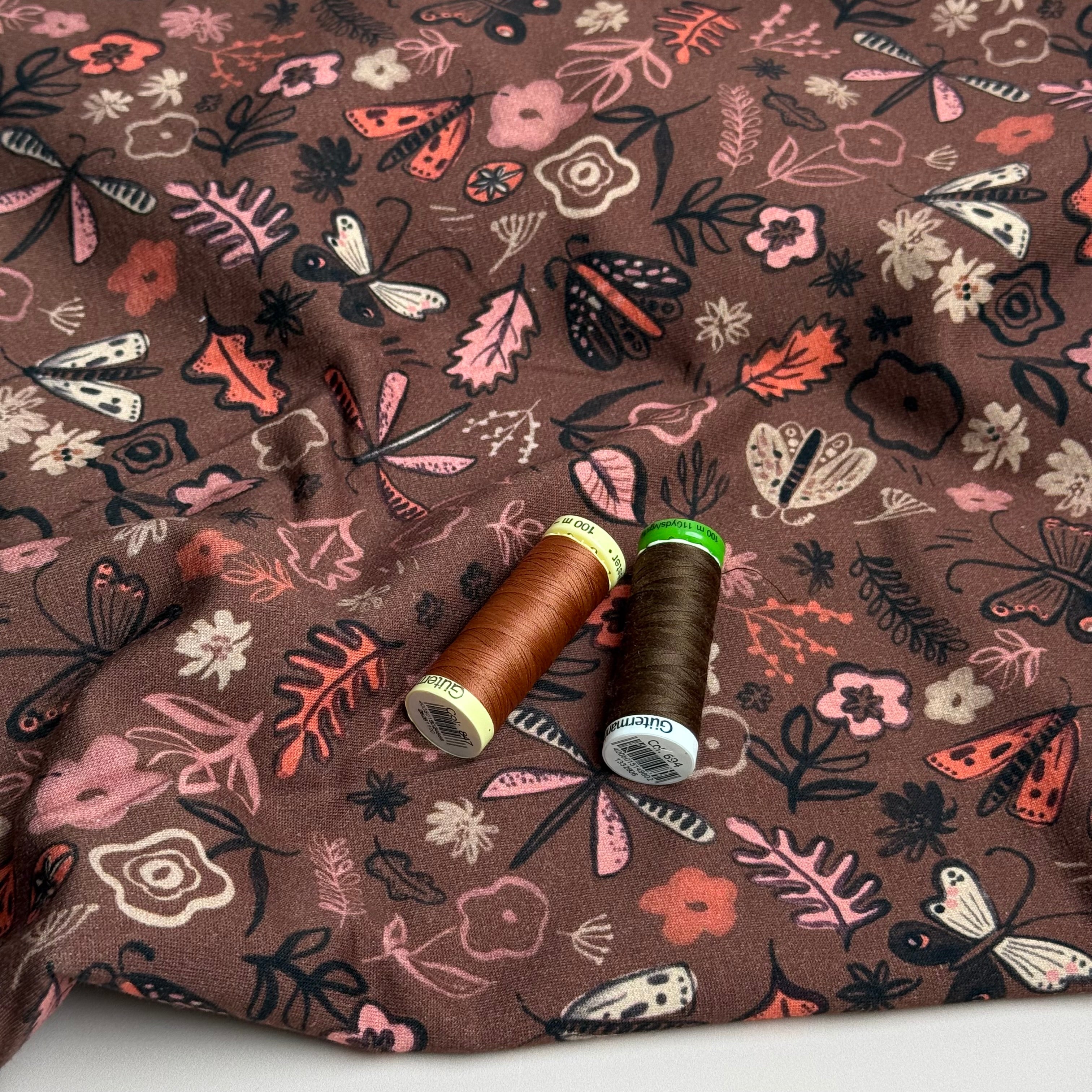 Autumn Doodles Brown Cotton French Terry Fabric