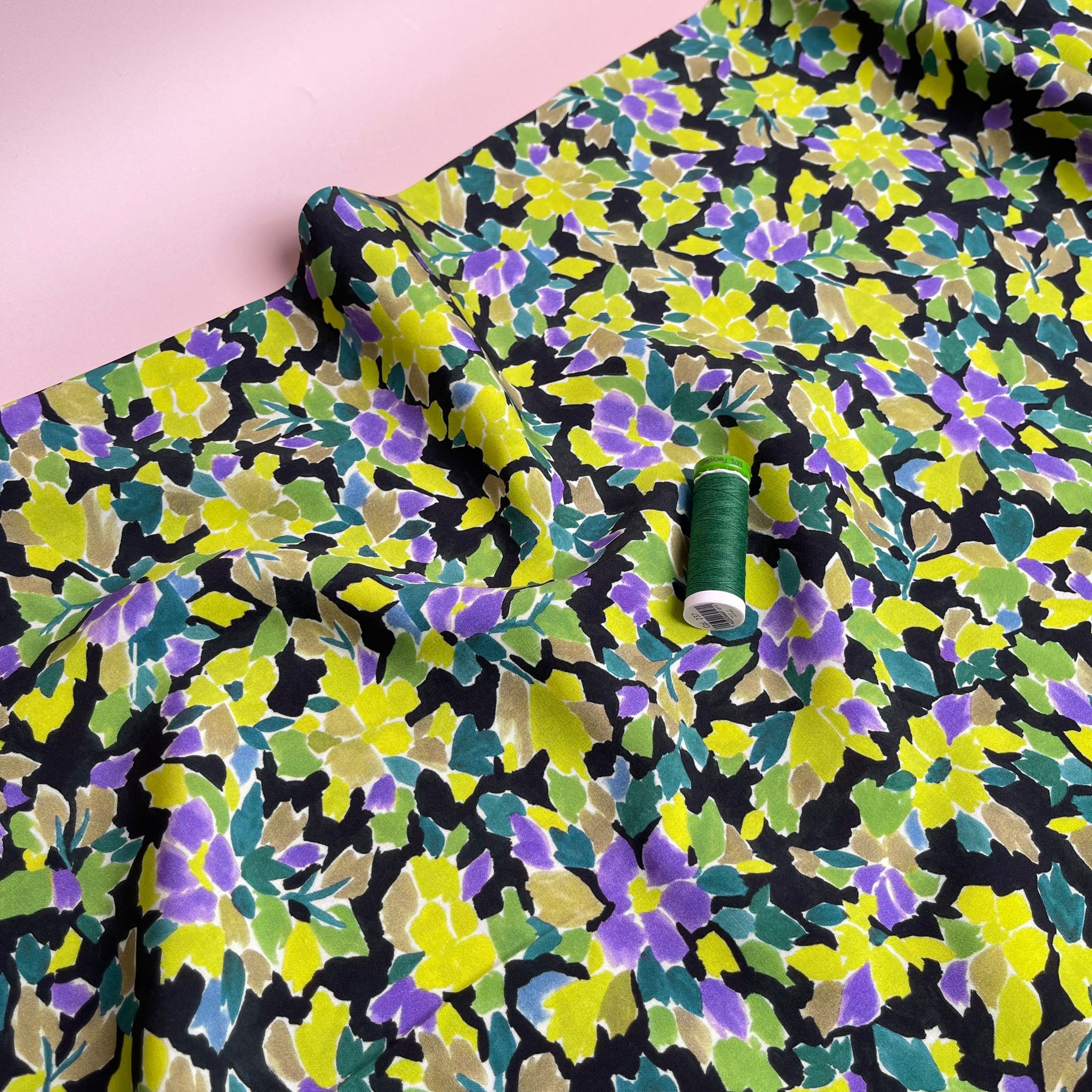 Meadow Flowers in Lime and Purple Viscose Fabric