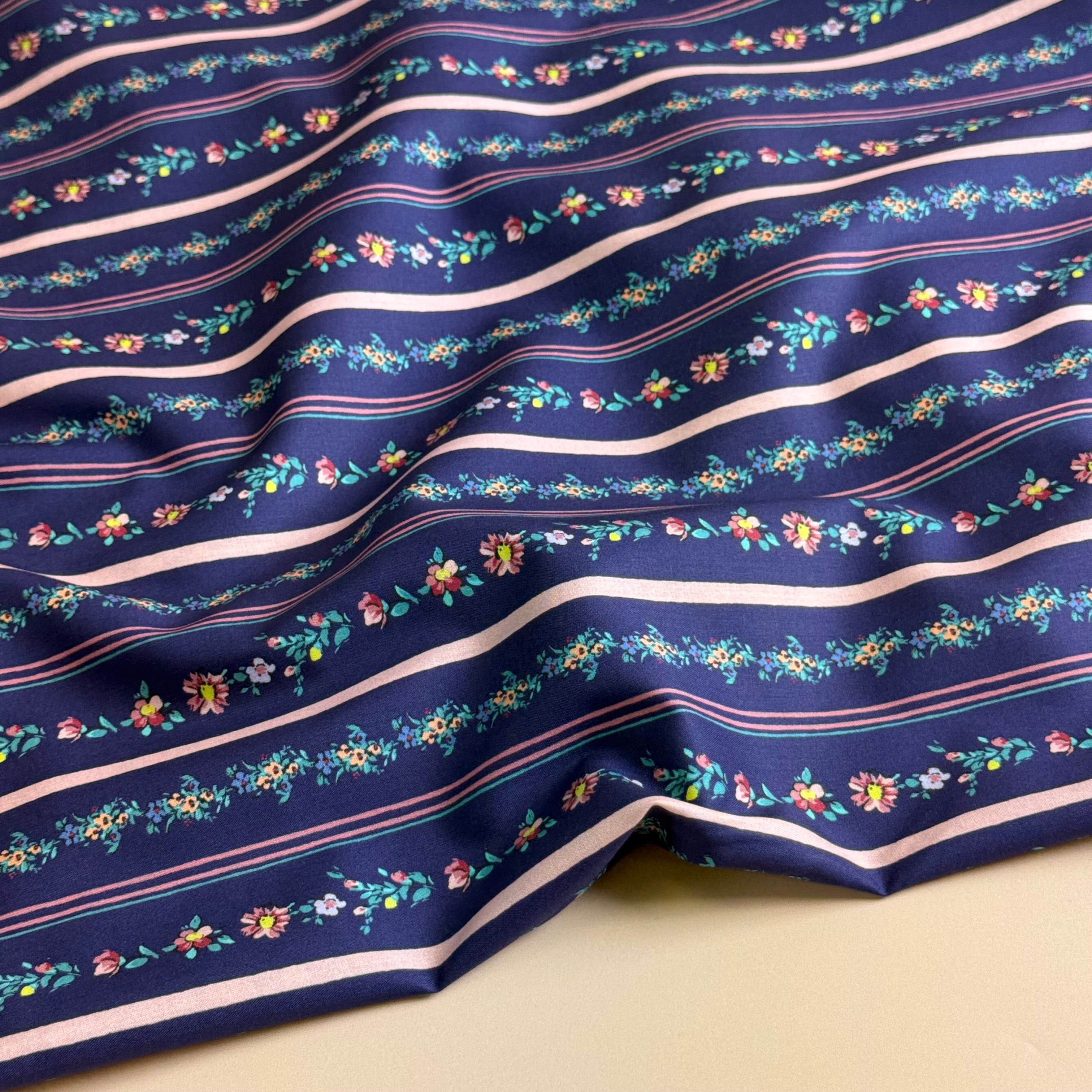 Floral Stripes on Navy Fine Cotton Poplin Fabric
