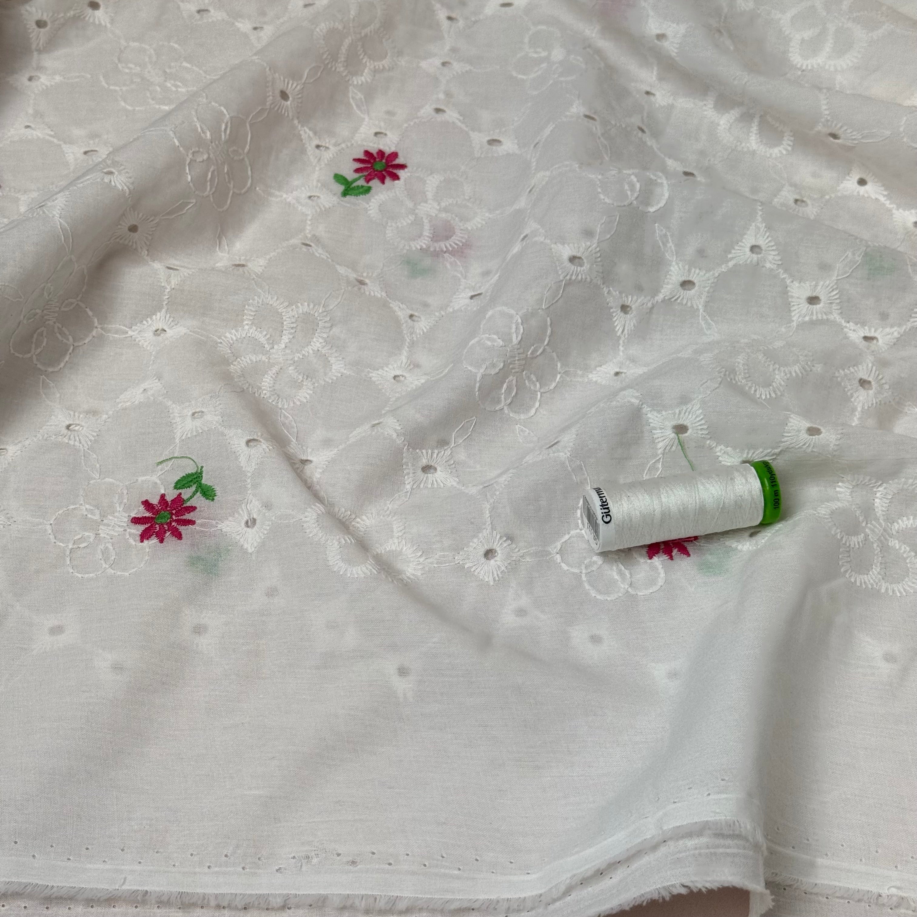 Embroidered Asters White Cotton Voile Fabric