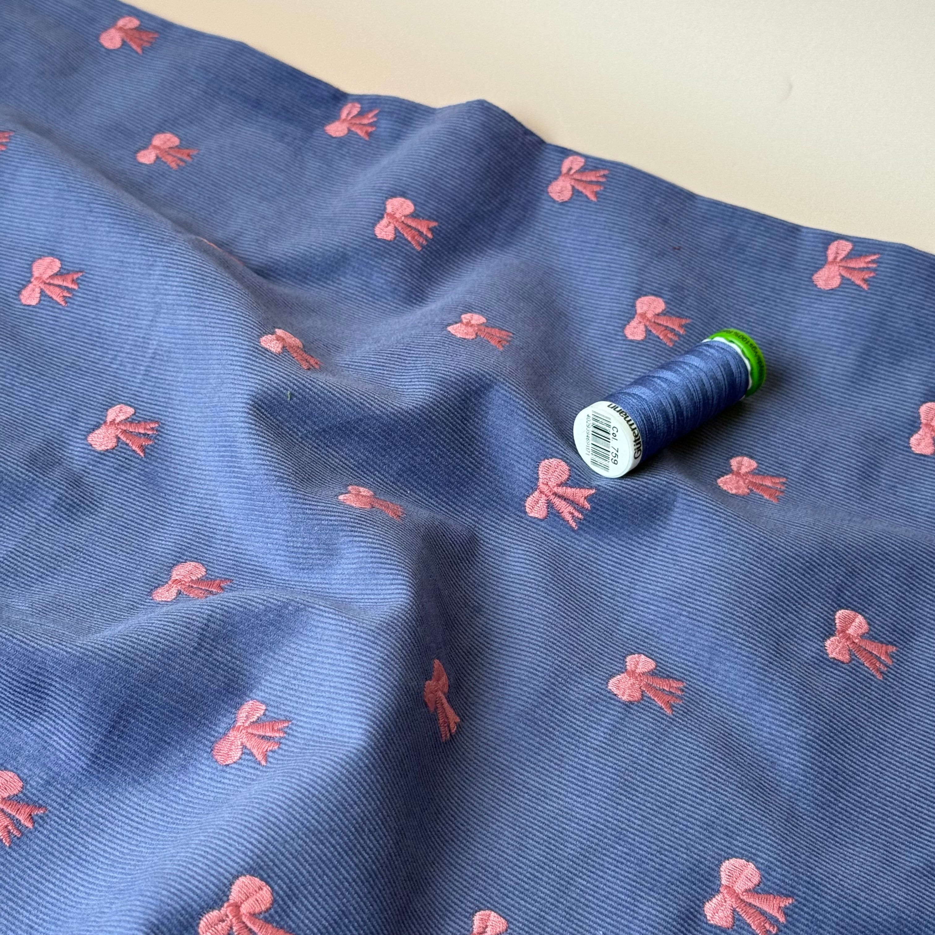 Embroidered Bows on Cornflower Blue Cotton Needlecord