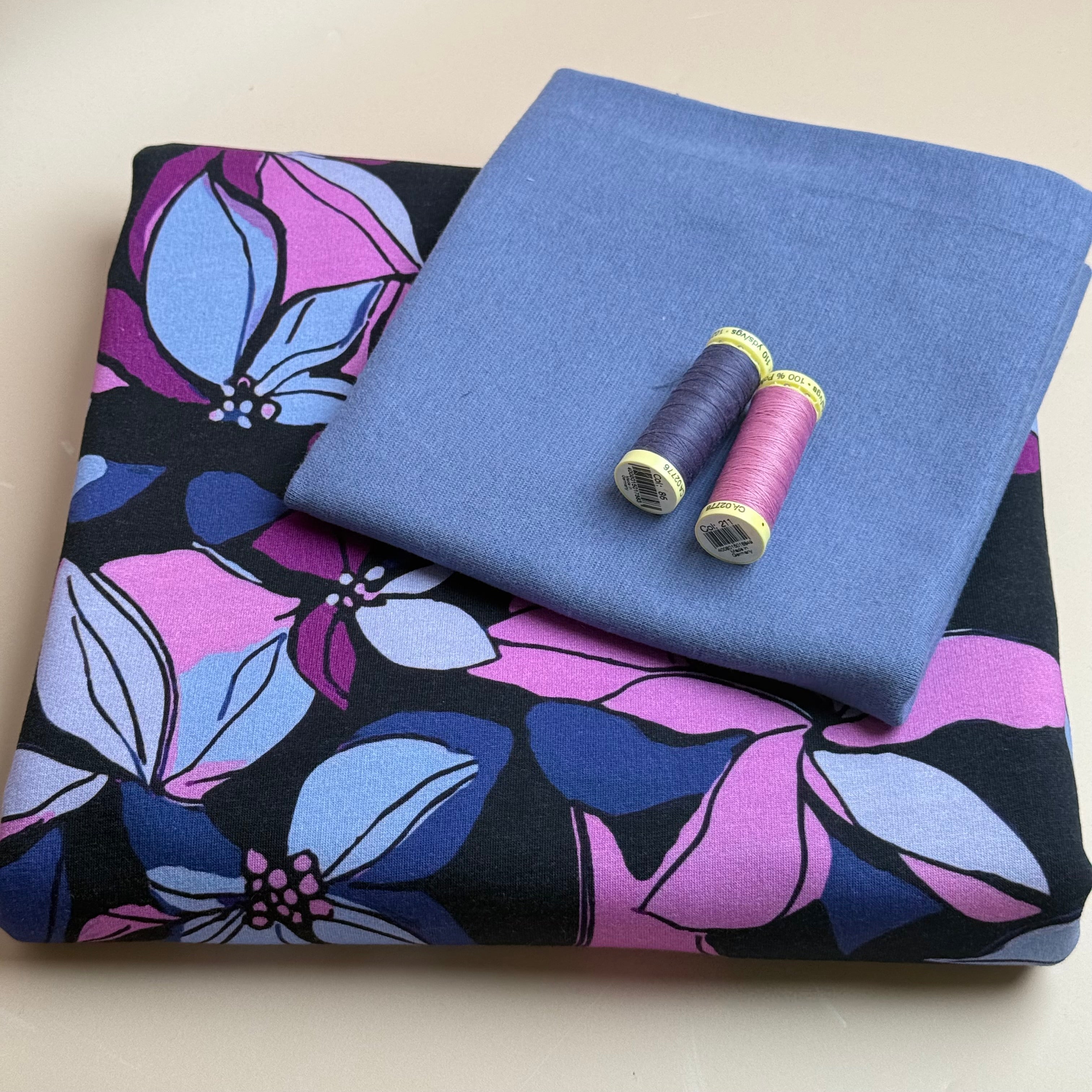 Colour Bundles - Lilies on Dark Navy Cotton Sweatshirting & Matching Ribbing