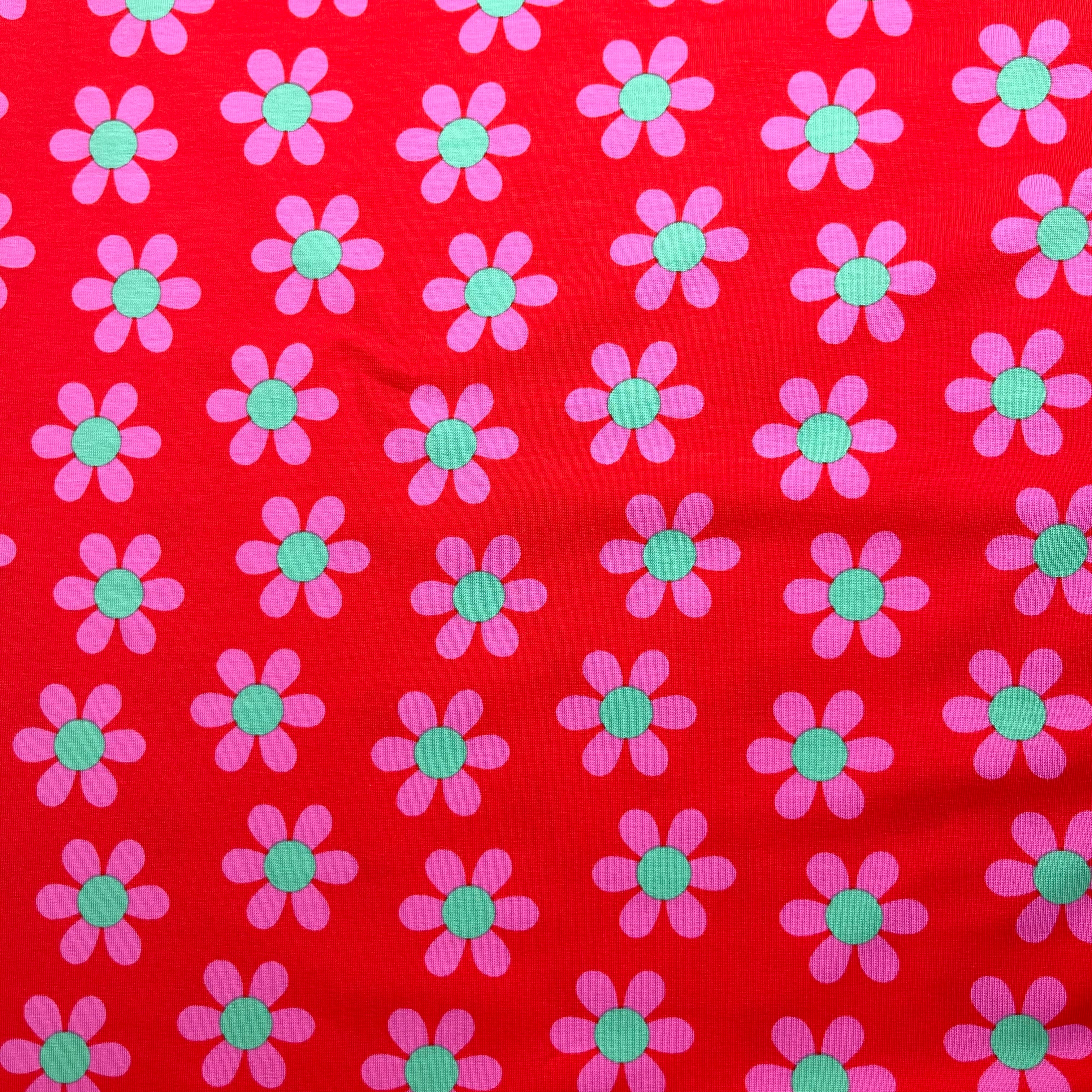 Graphic Flowers Red Cotton Jersey Fabric