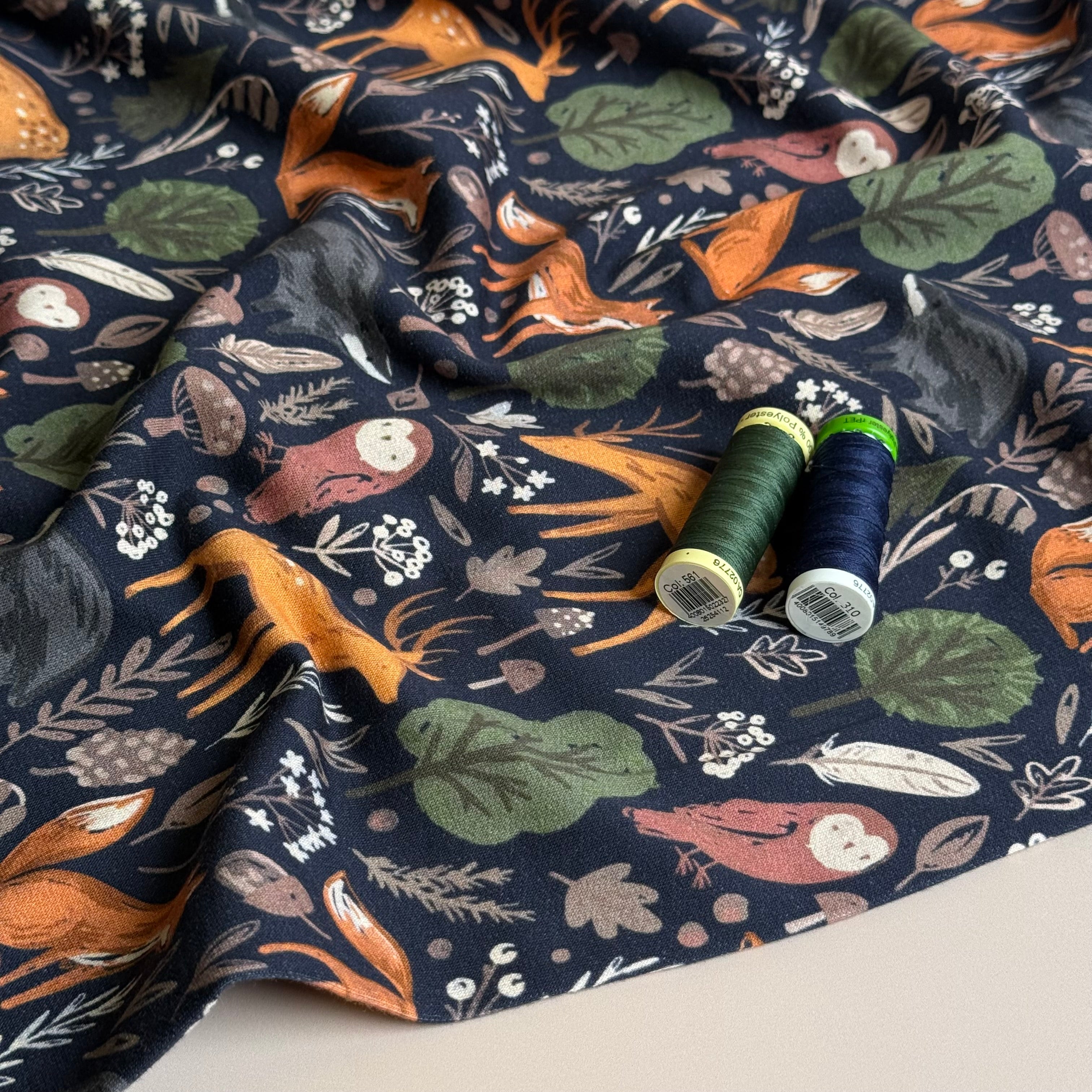 Woodland Anmals on Dark Navy Cotton Sweat Shirting Fabric