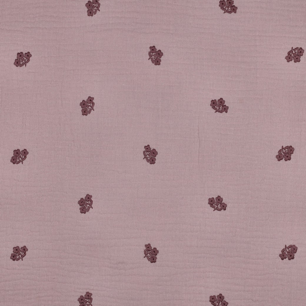 Embroidered Pink Flowers on Mauve Cotton Double Gauze
