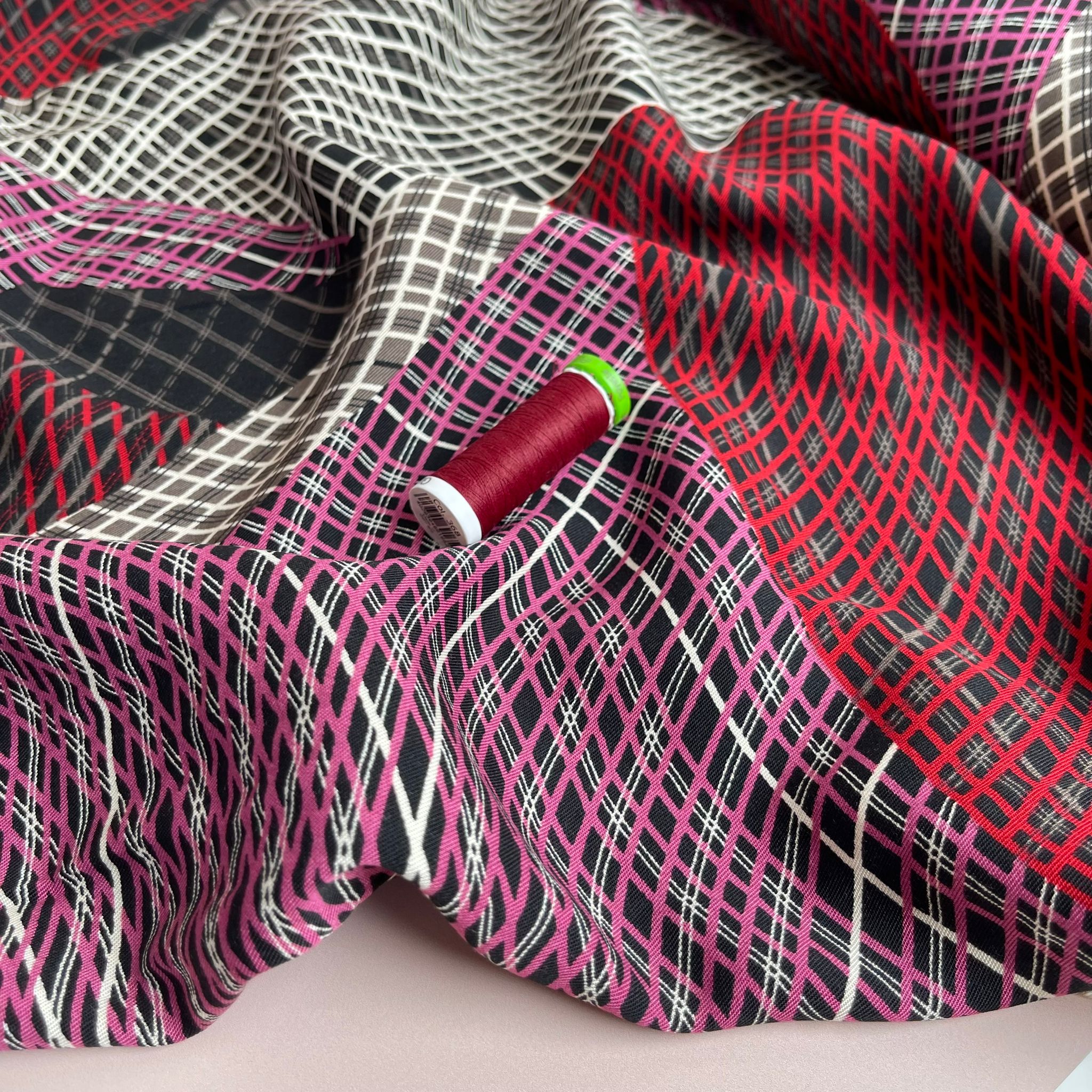 Red and Pink Abstract Grids Viscose Twill Fabric