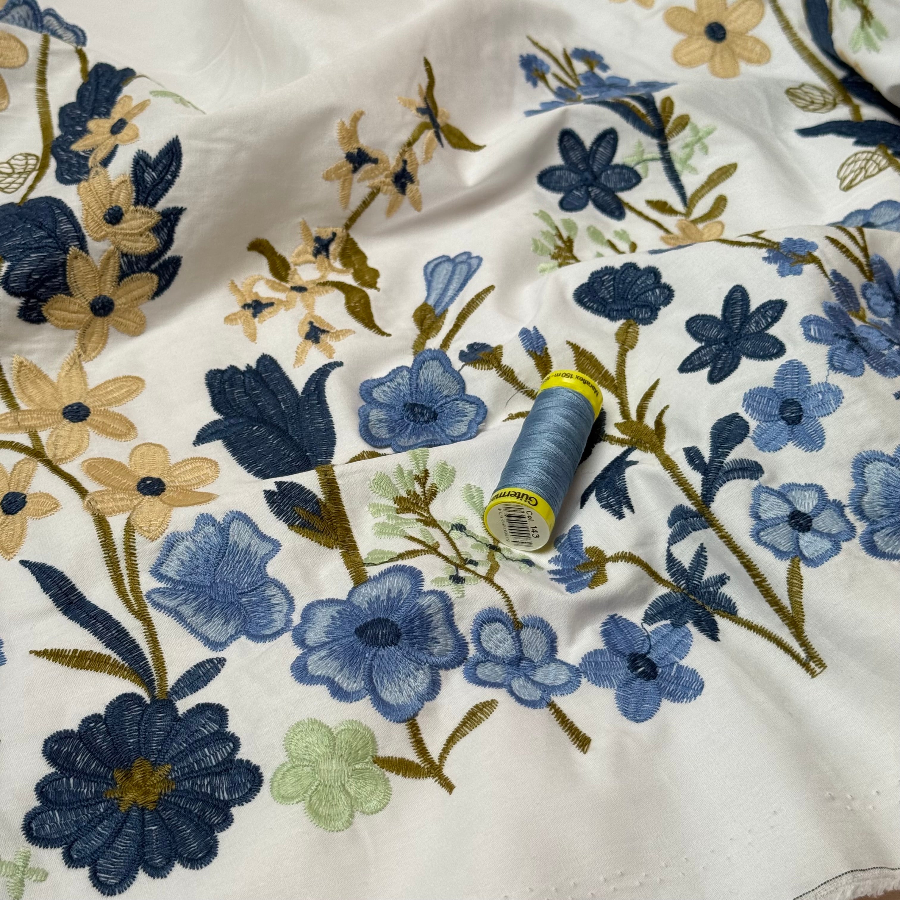 Blue Floral Border Embroidered Cotton Fabric