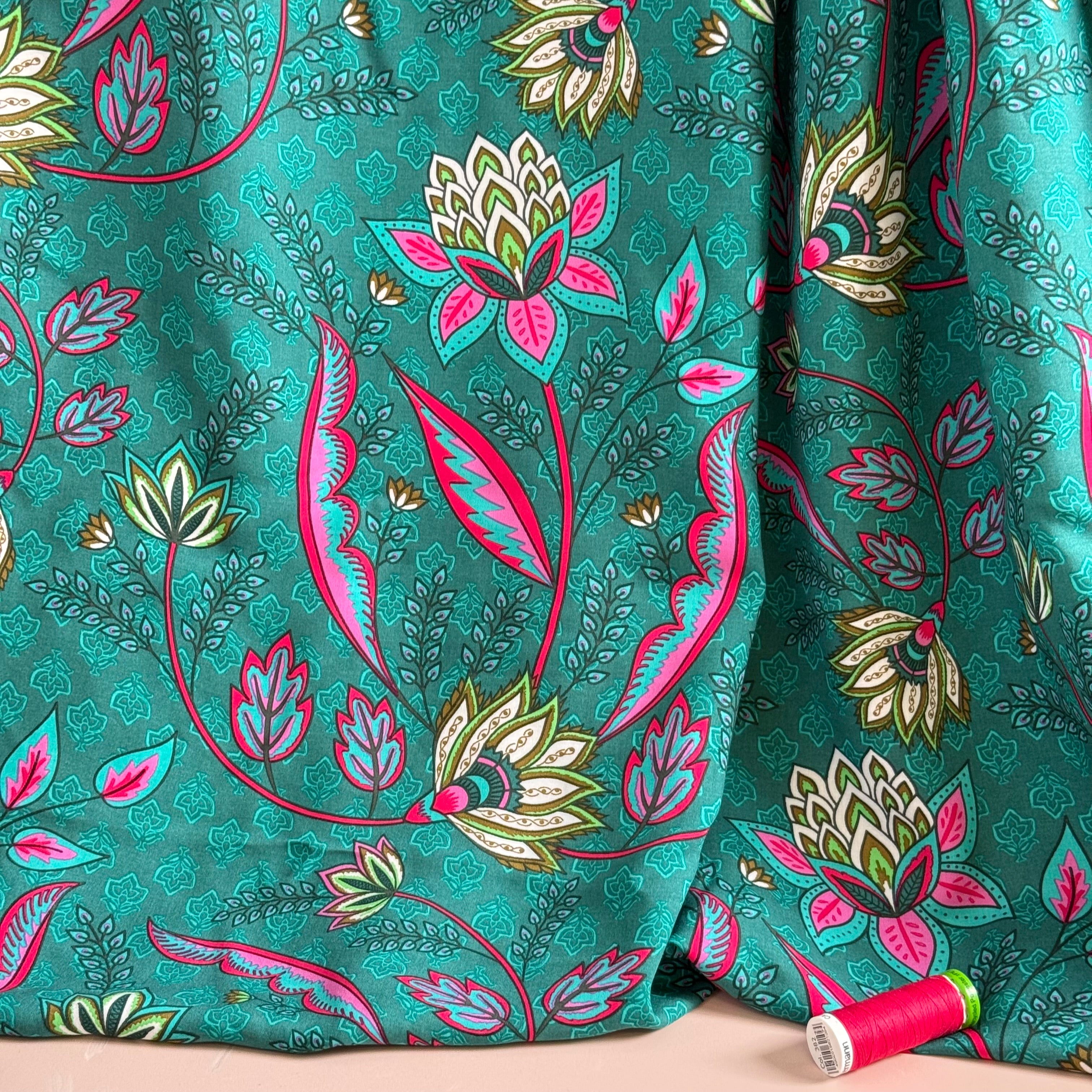 Lotus Flowers Teal Viscose Voile Fabric