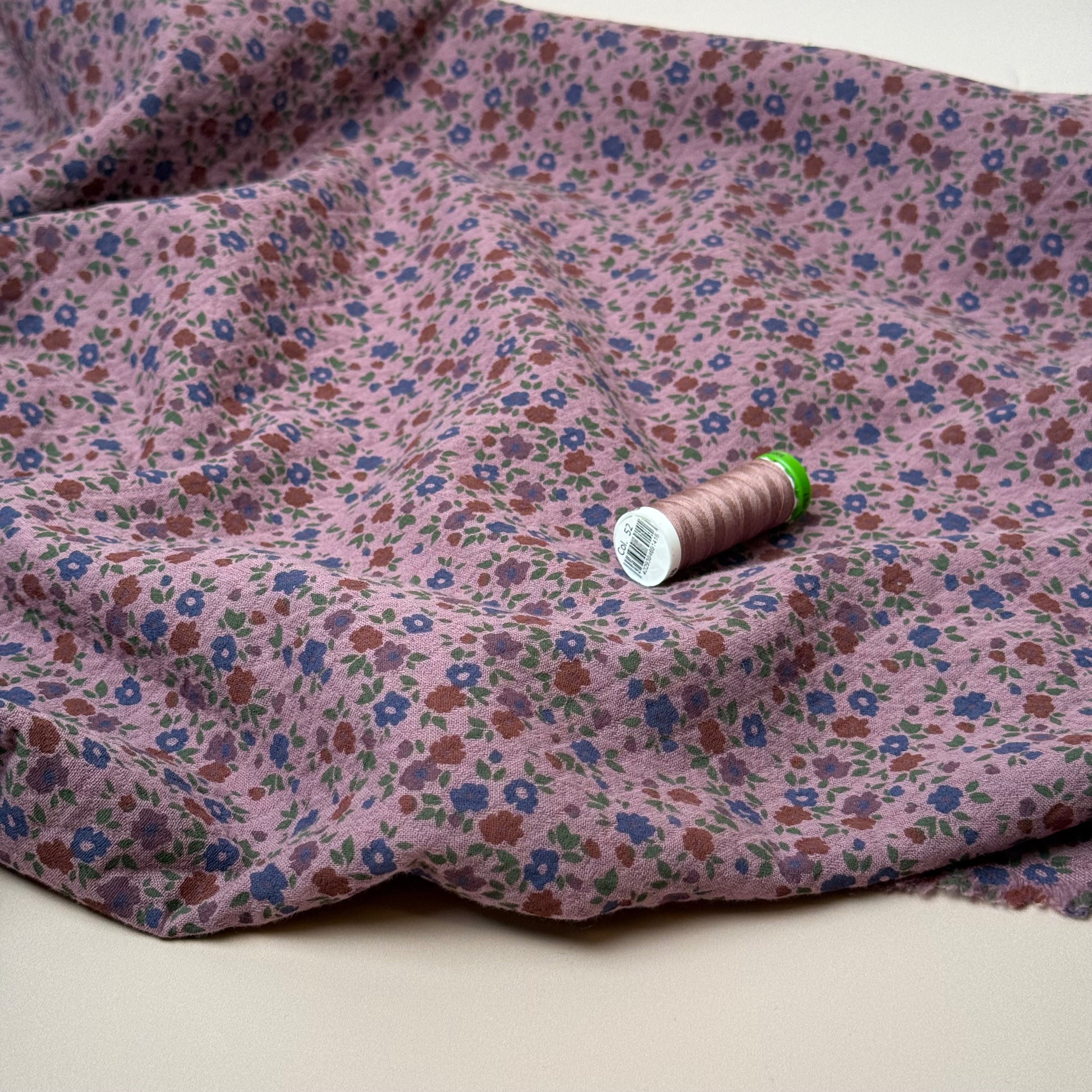 Ditsy Blue Flowers Mauve Cotton Diamond Jacquard Fabric