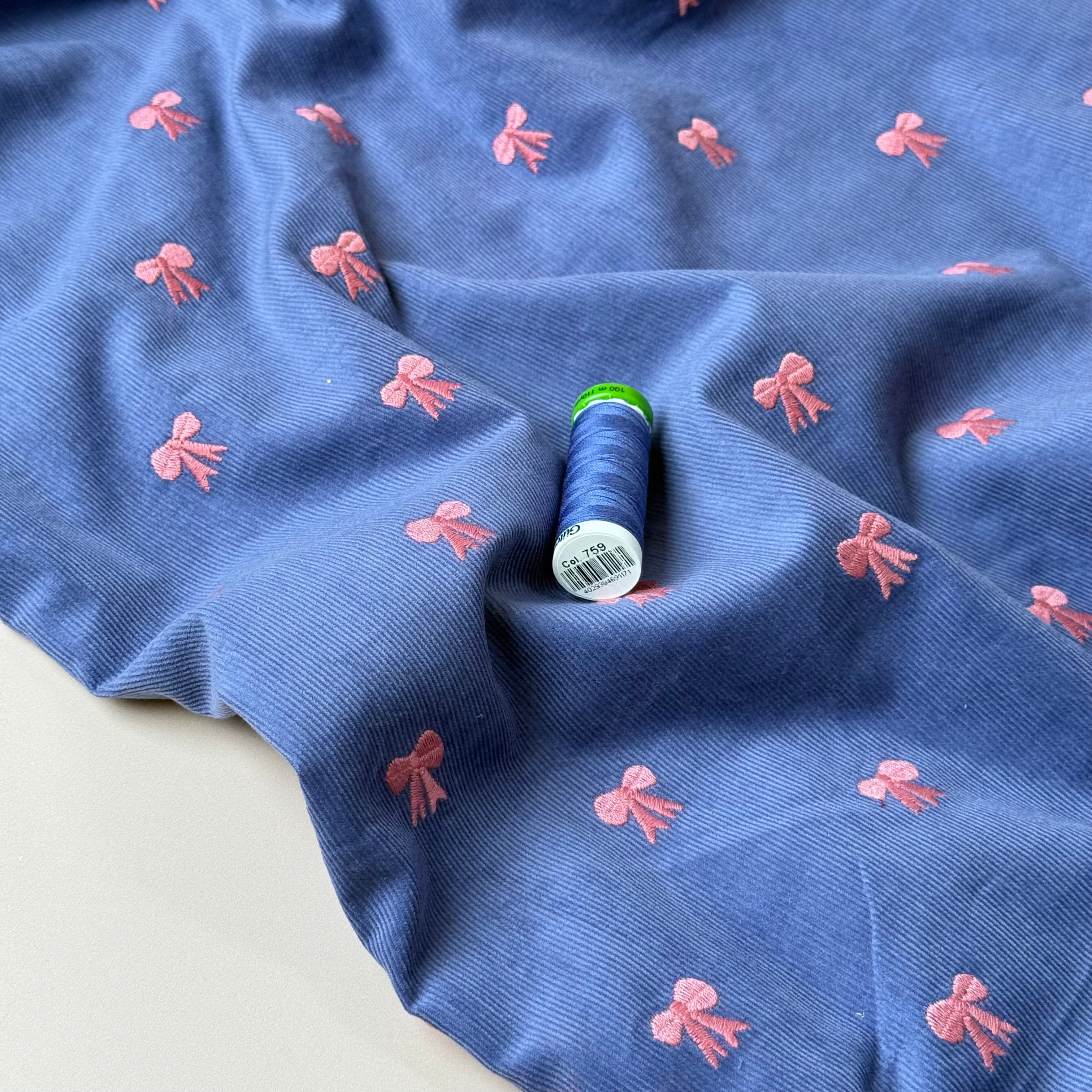 Embroidered Bows on Cornflower Blue Cotton Needlecord