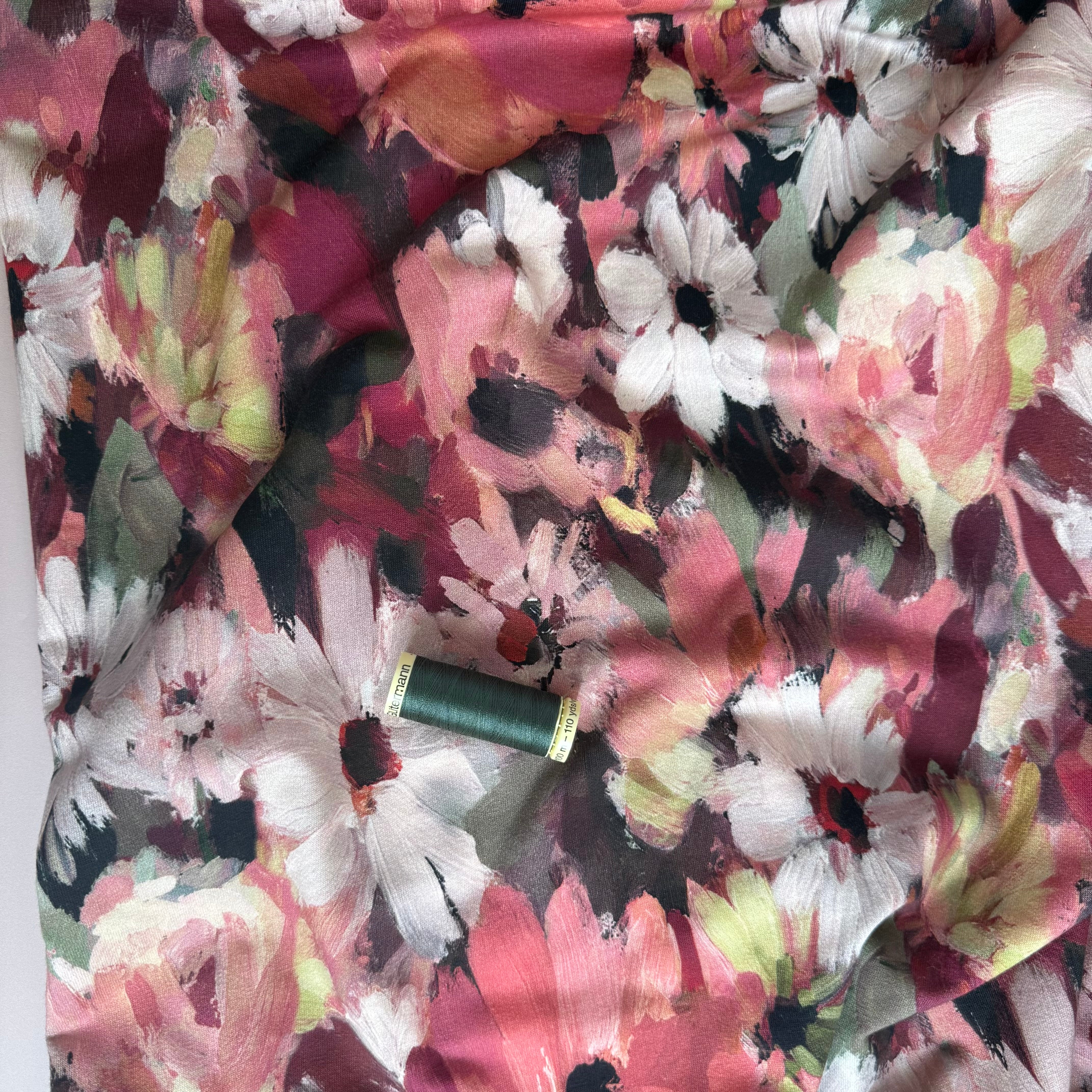 Painted Florals Burguny Cotton French Terry Fabric