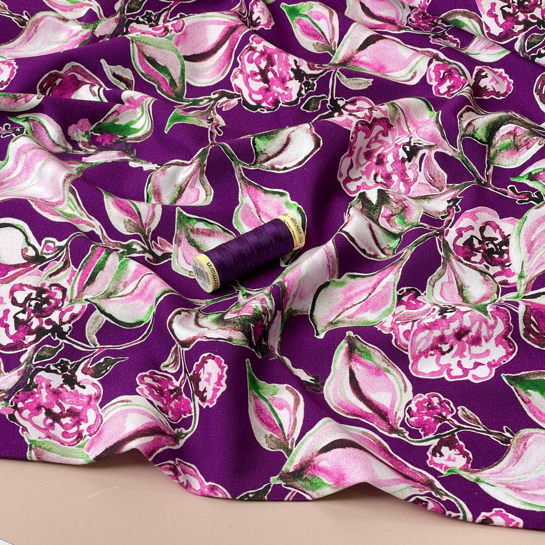 Danish Design - Painterly Flowers on Purple Cotton Jersey Fabric