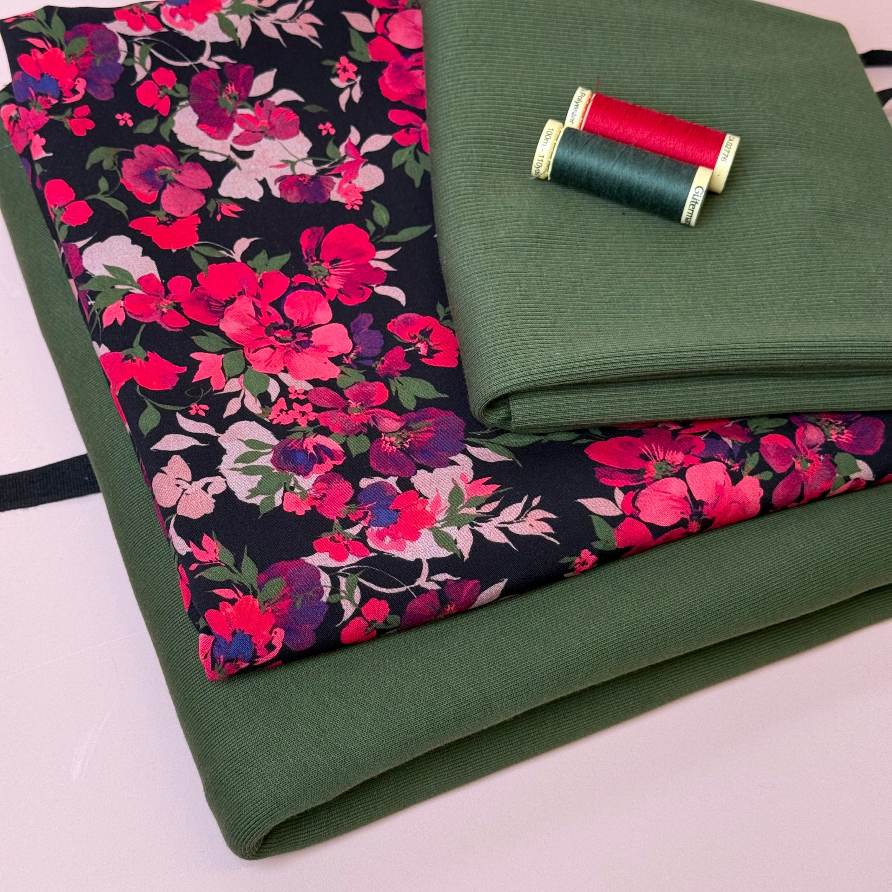 Make an Outfit Colour Bundle - Rosehip Viscose & Brushed Sweatshirt in Green Khaki with Ribbing