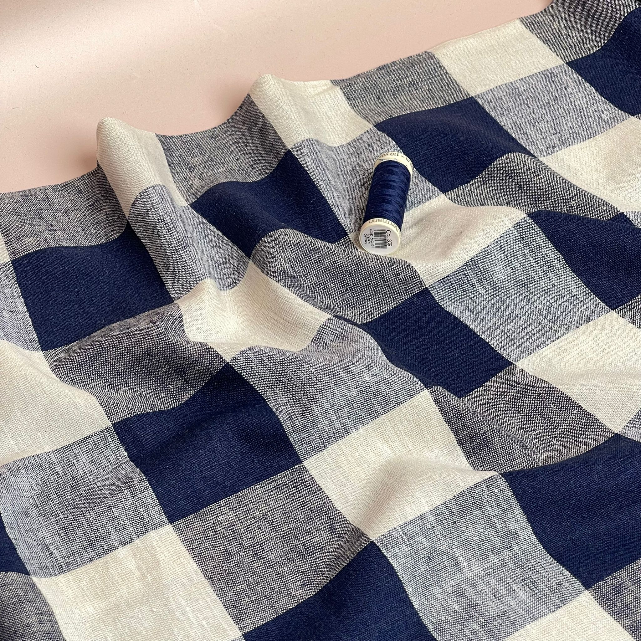 Yarn Dyed Navy Gingham Viscose Linen Fabric