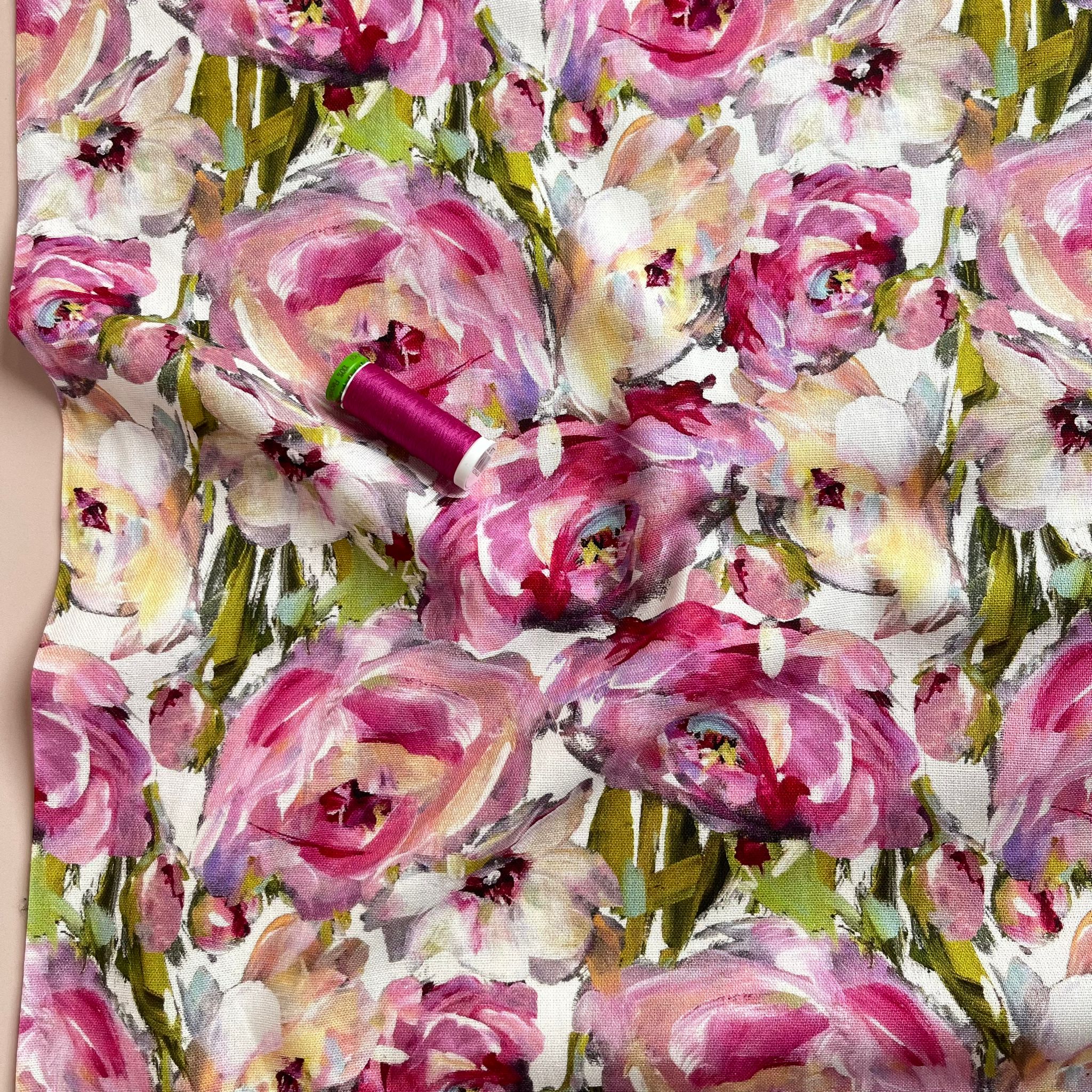 Pink Roses Viscose Linen Fabric