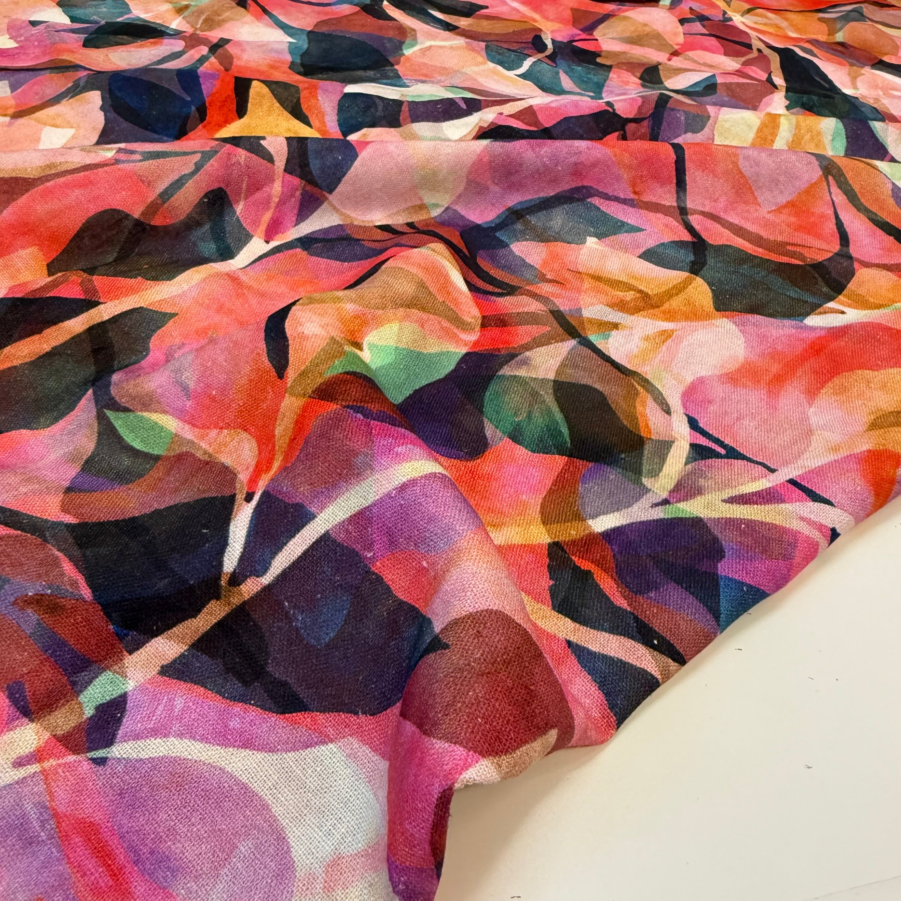Painted Foliage Coral Pink Linen Viscose Blend Fabric