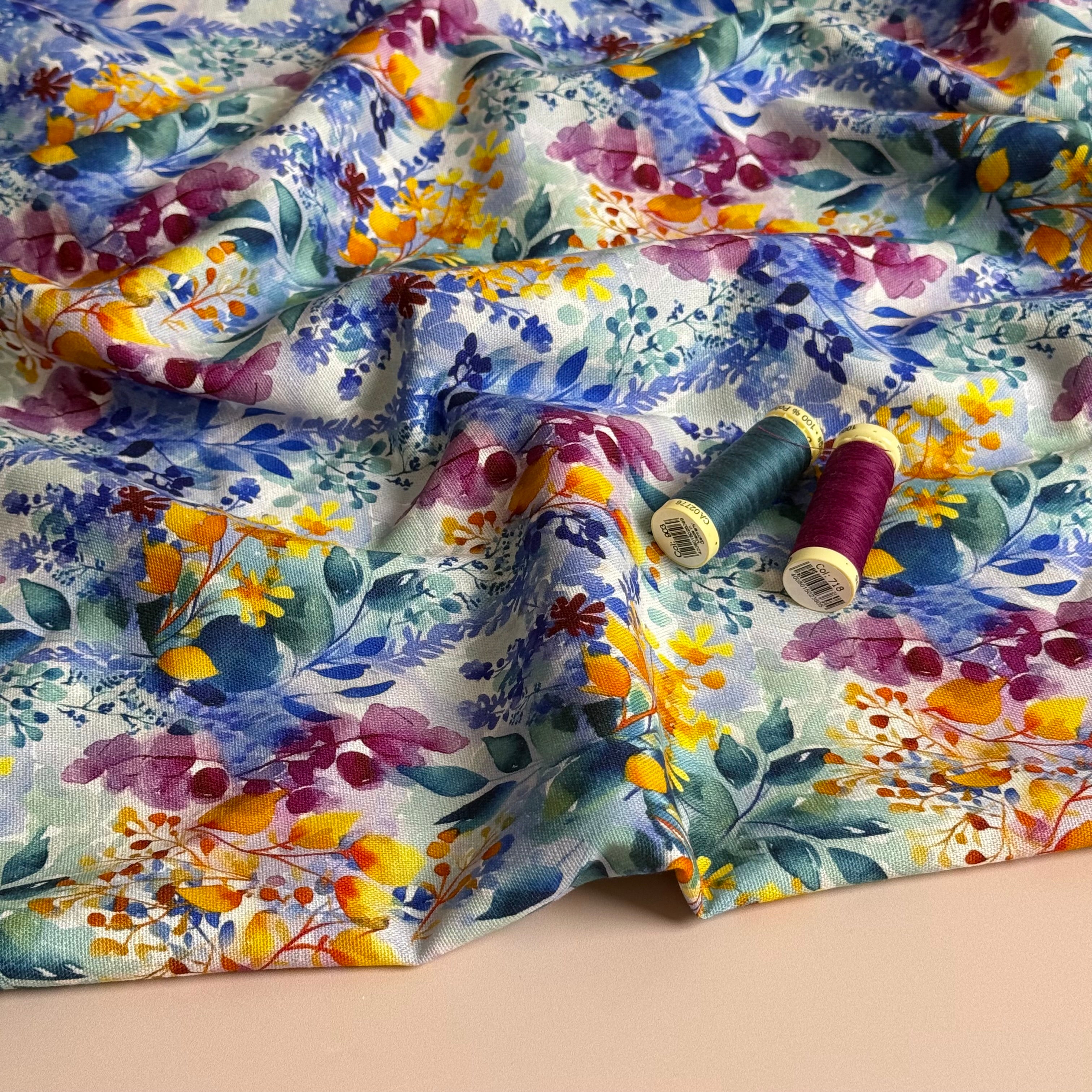 Painted Petals Viscose Linen Fabric