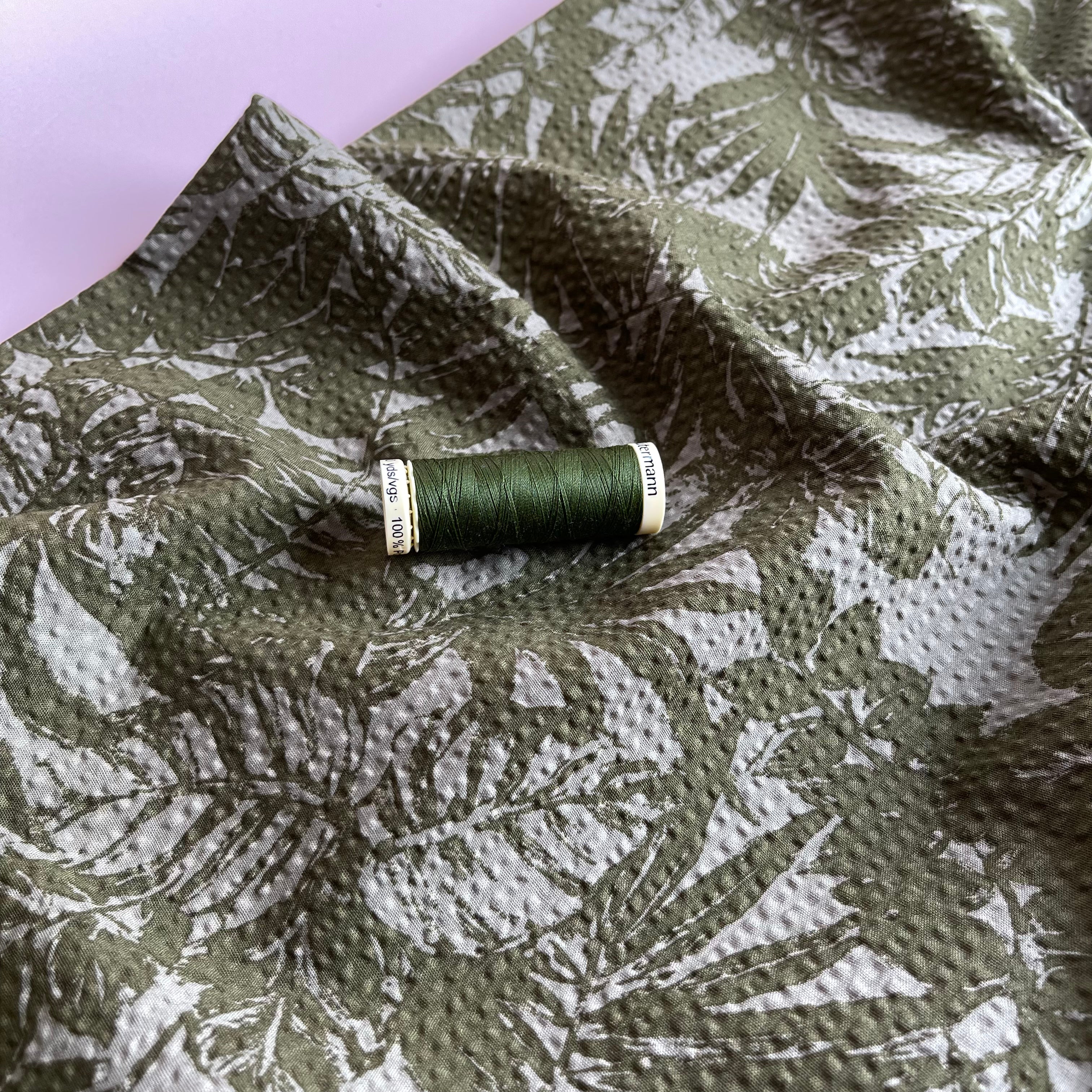 Tropical Foliage Khaki Cotton Seersucker Fabric