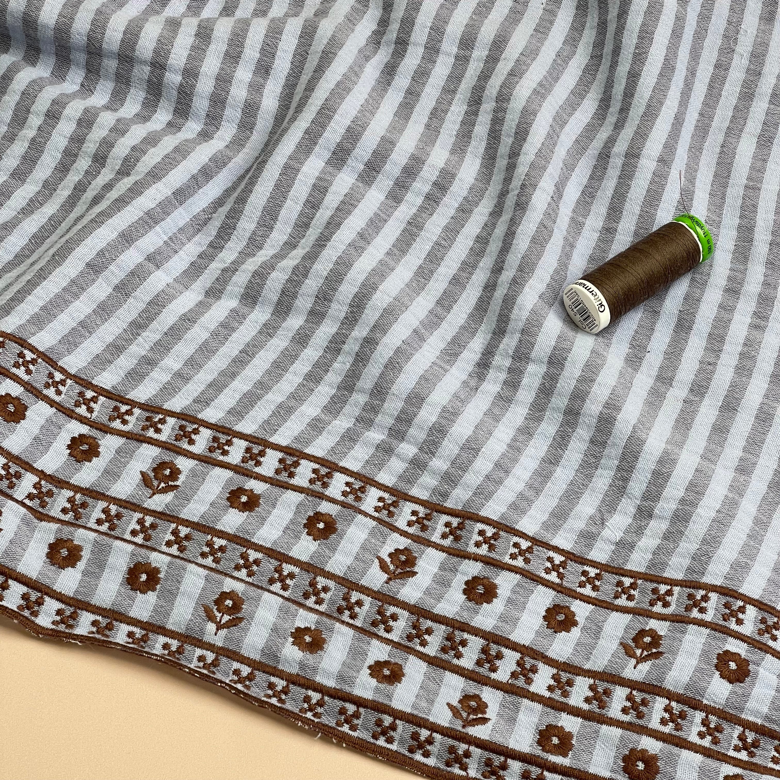 Border Embroidered Yarn Dyed Striped Cotton Double Gauze in Blue
