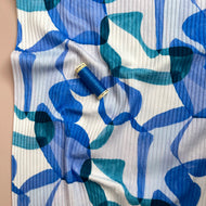 REMNANT 2.12 Metres - Abstract Shapes Blue Cotton Ribbed Jersey
