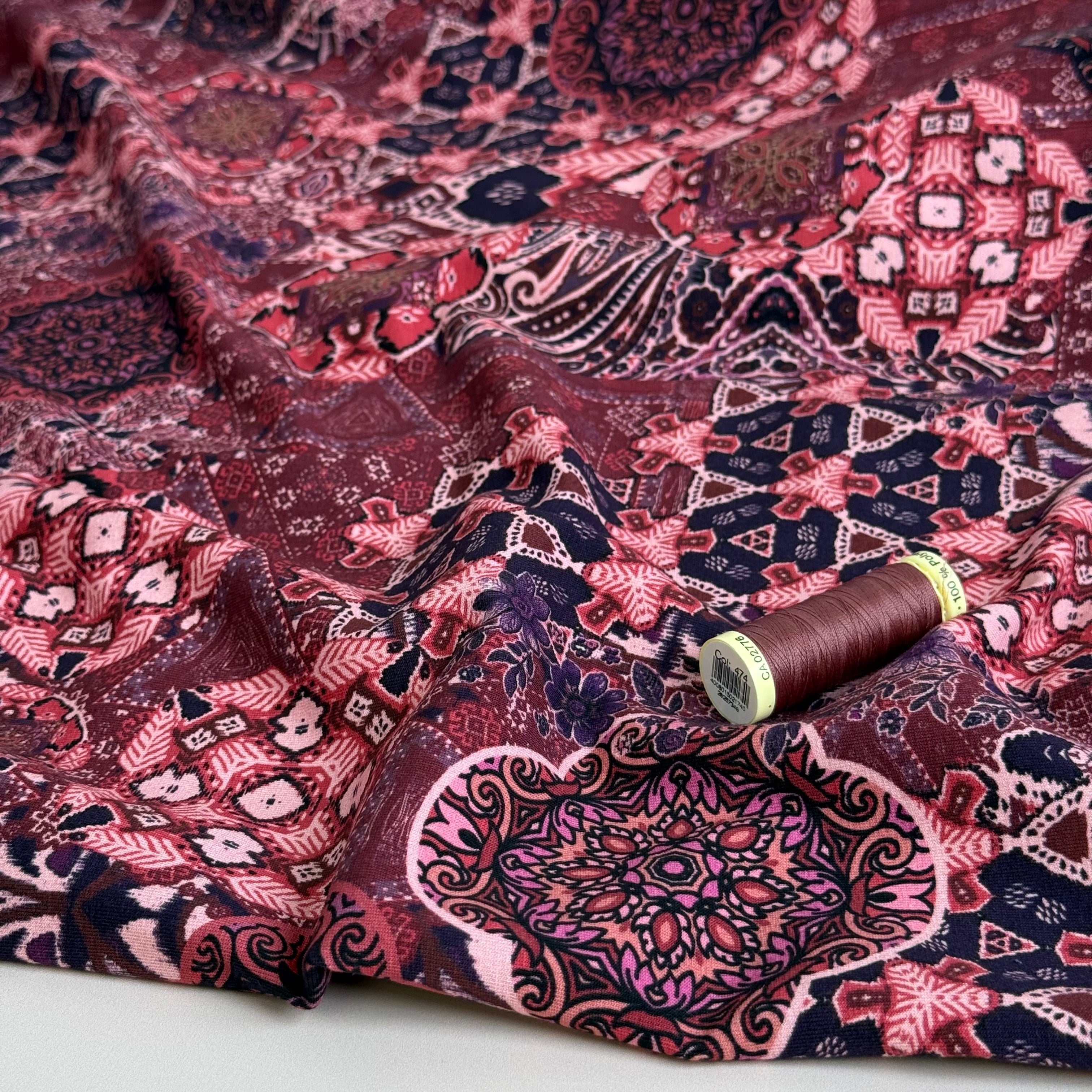 Ornamental Deco Burgundy Cotton Jersey Fabric